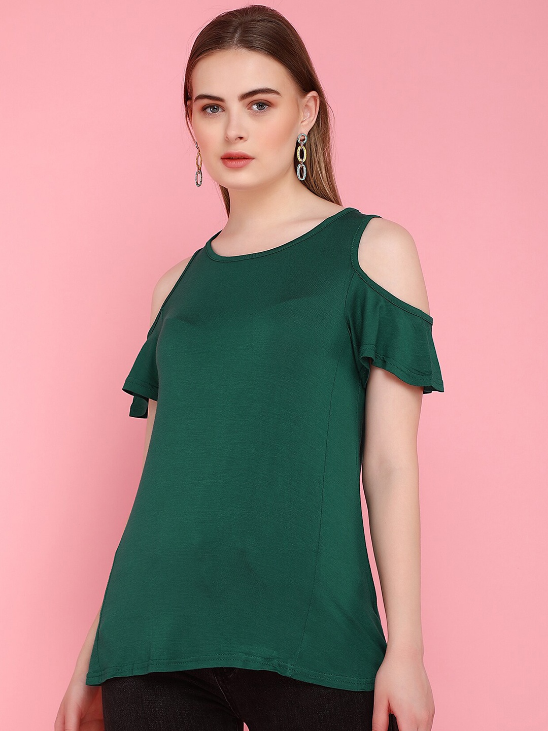 

LULU & SKY Round Neck Cold-Shoulder Sleeves Top, Green