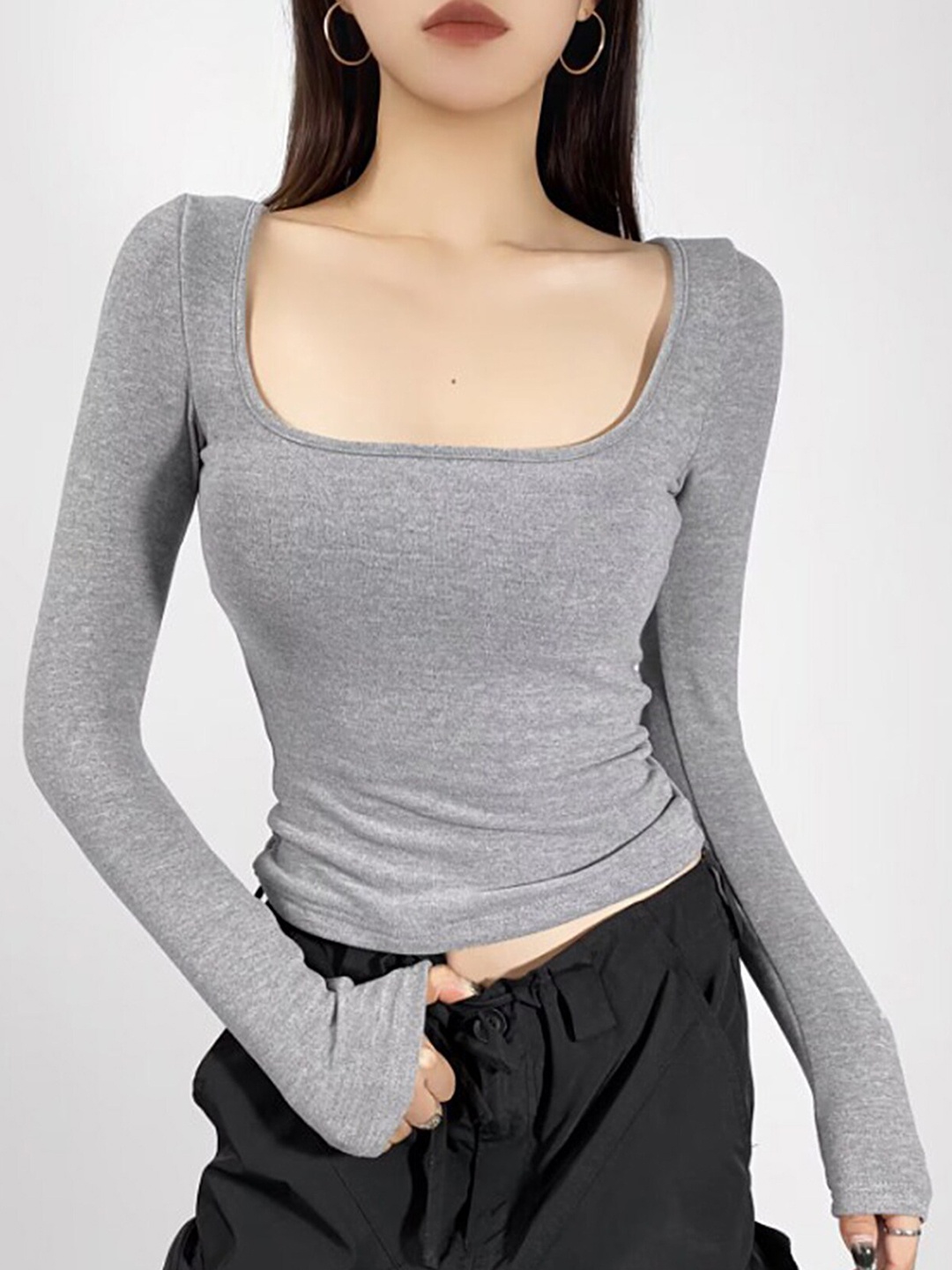 

LULU & SKY Square Neck Fitted Crop Top, Grey