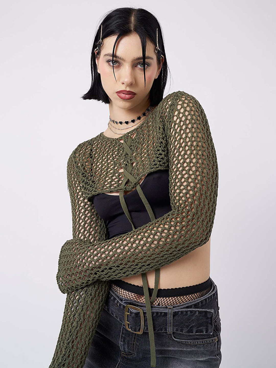 

LULU & SKY Self Design Hollow Out Lace Up Sheer Crop Top, Green