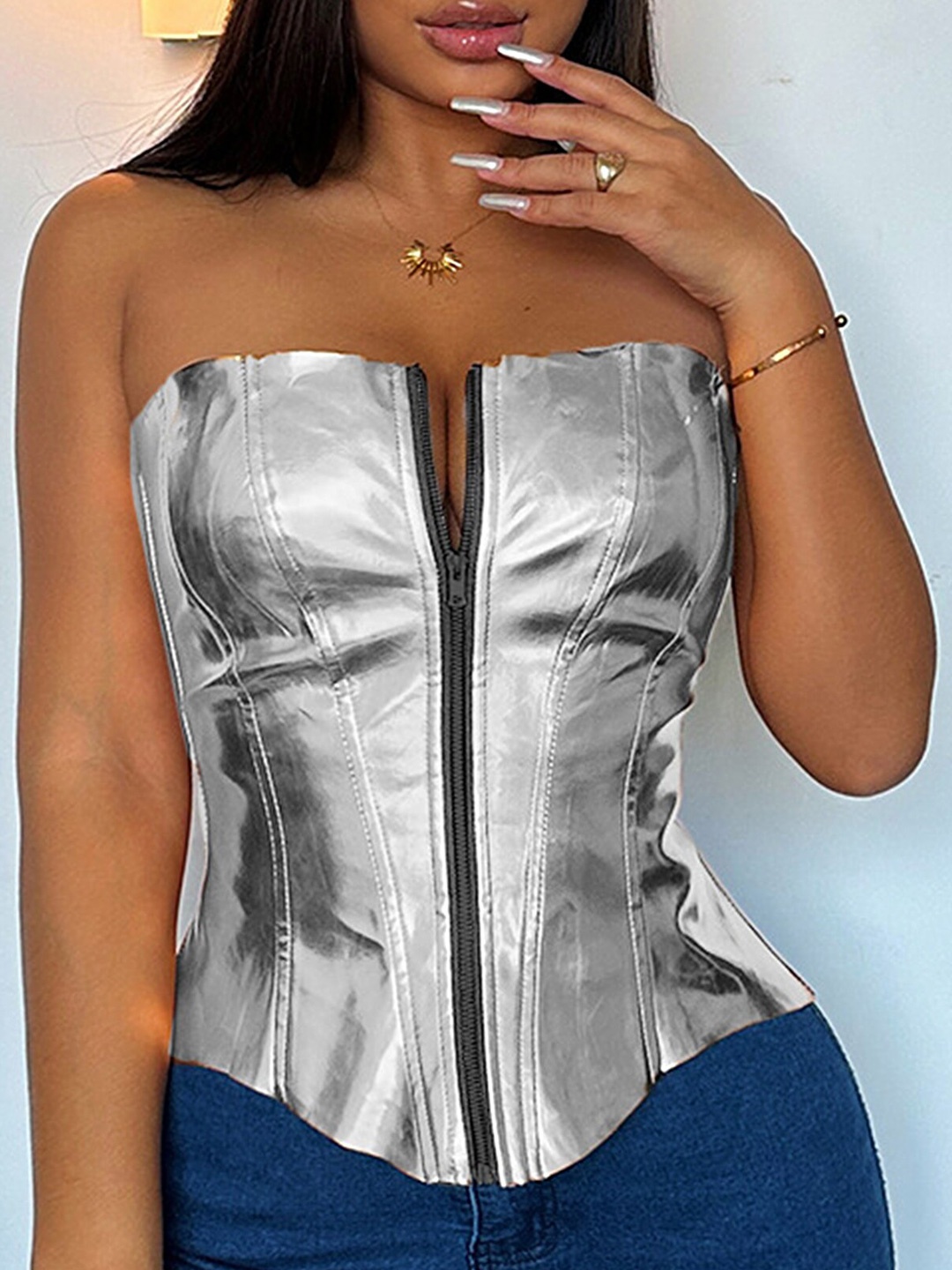 

LULU & SKY Metallic Strapless Corset Top, Silver