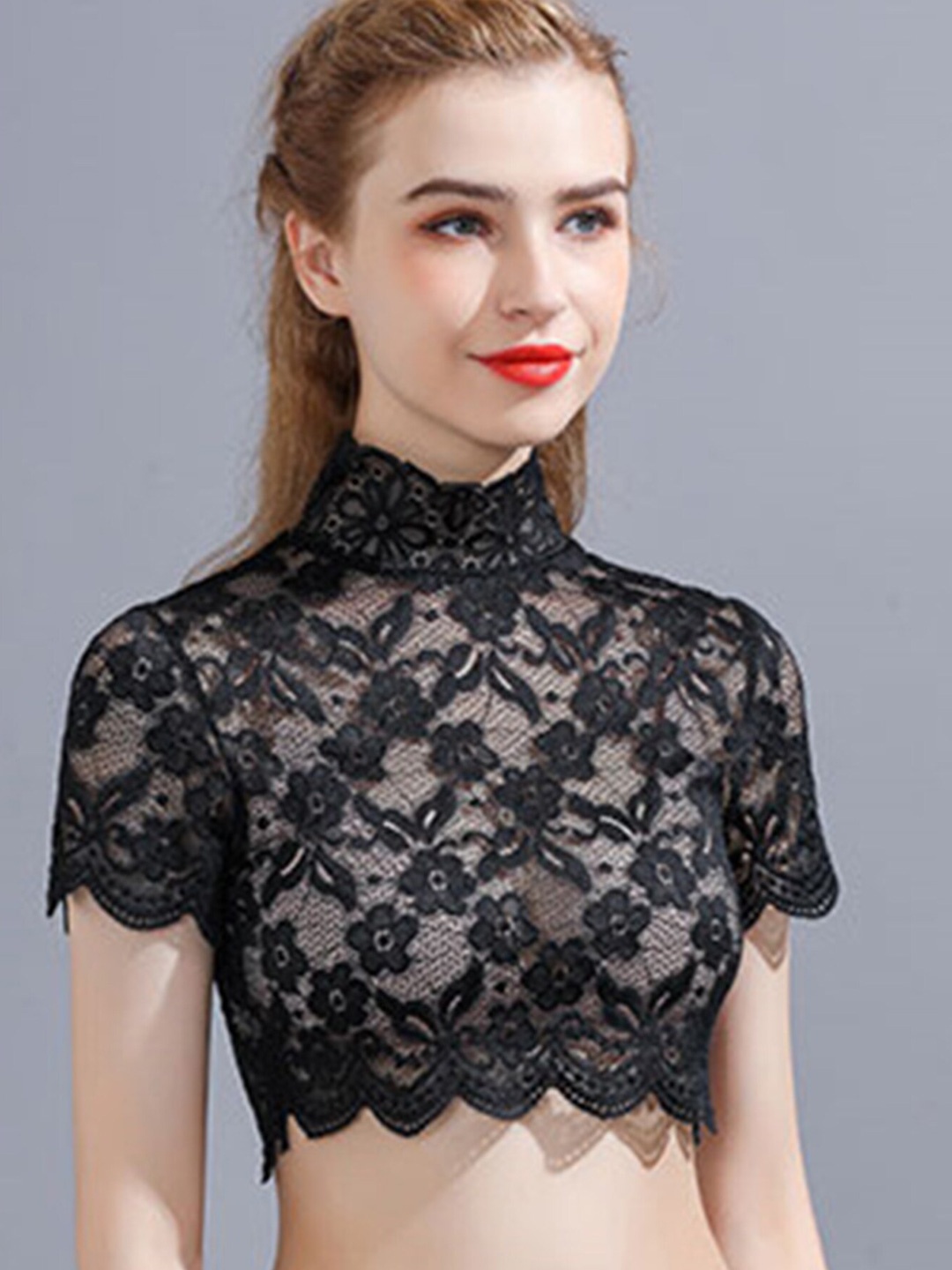 

LULU & SKY Self Design High Neck Crop Top, Black