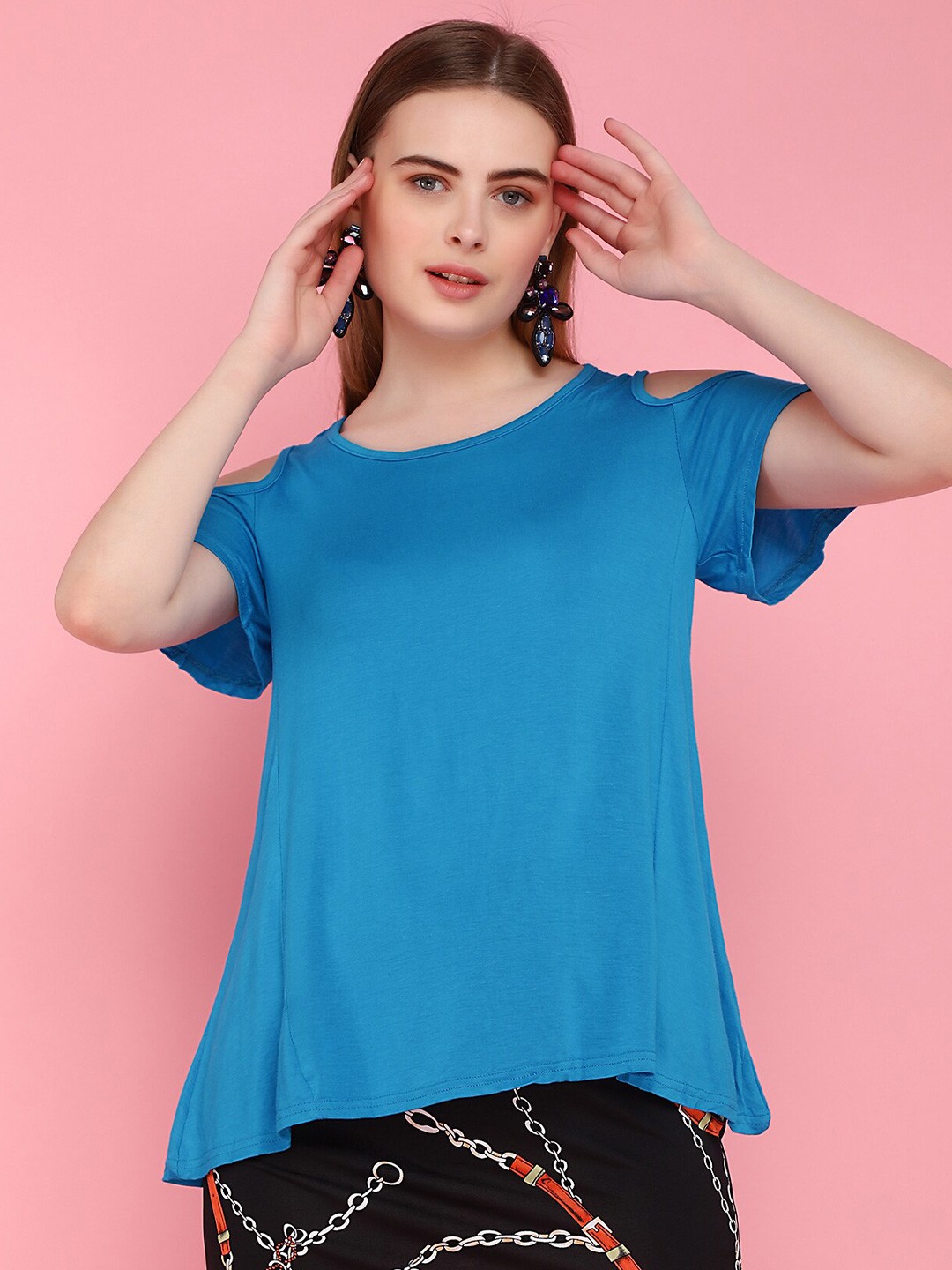 

LULU & SKY Round Neck Cold-Shoulder Top, Blue