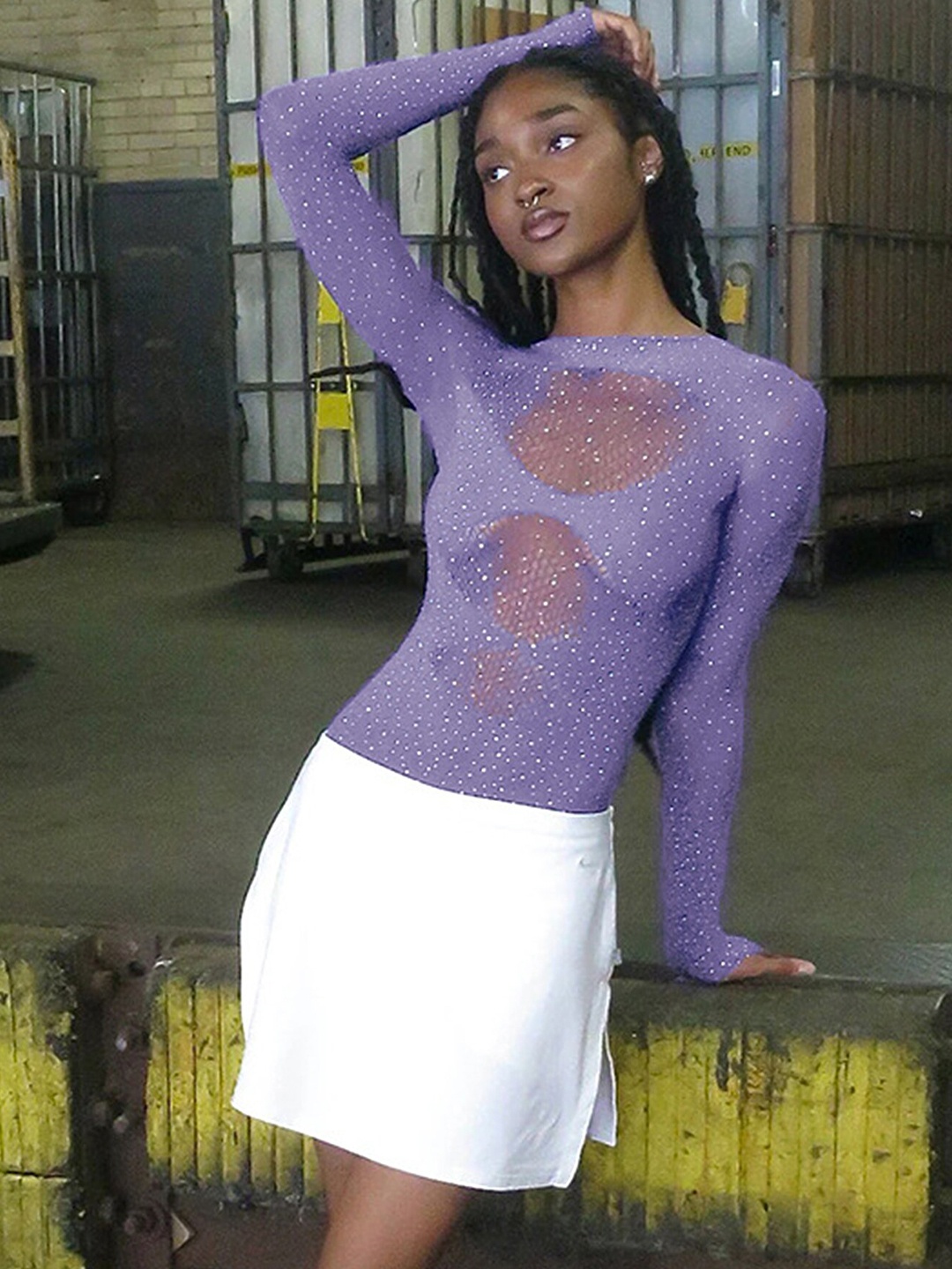 

LULU & SKY Embellished Long Sleeves Fitted Top, Purple
