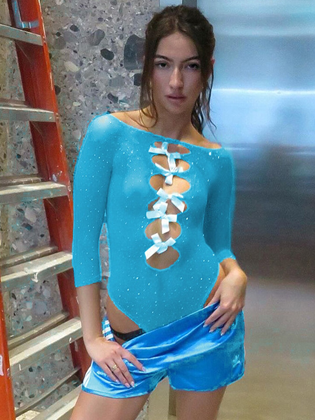 

LULU & SKY Embellished Cut Out Fitted Top, Blue