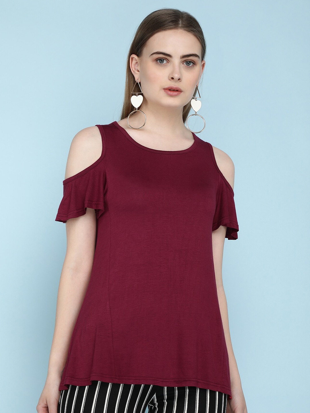 

LULU & SKY Cold-Shoulder Sleeves Cotton A-Line Top, Burgundy