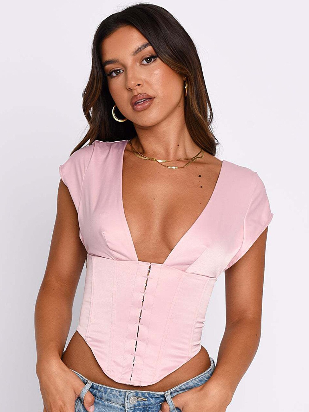 

LULU & SKY V-Neck Extended Sleeves Corset Fitted Crop Top, Pink