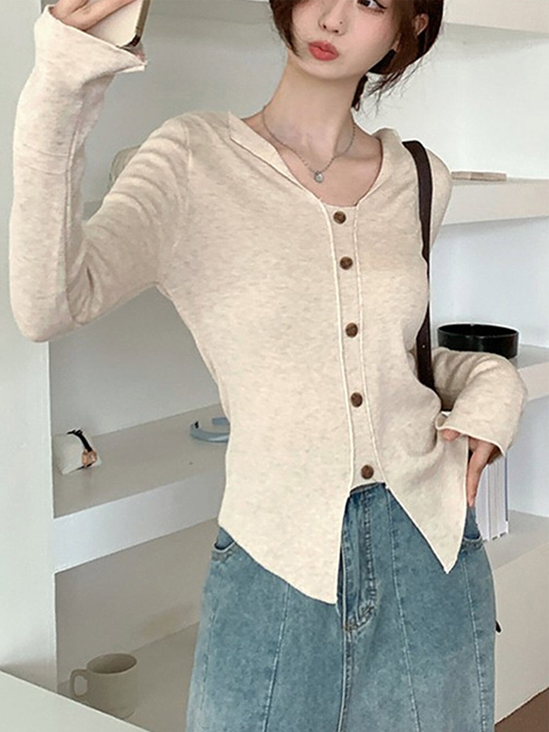 

LULU & SKY V-Neck Knitted Top, Beige