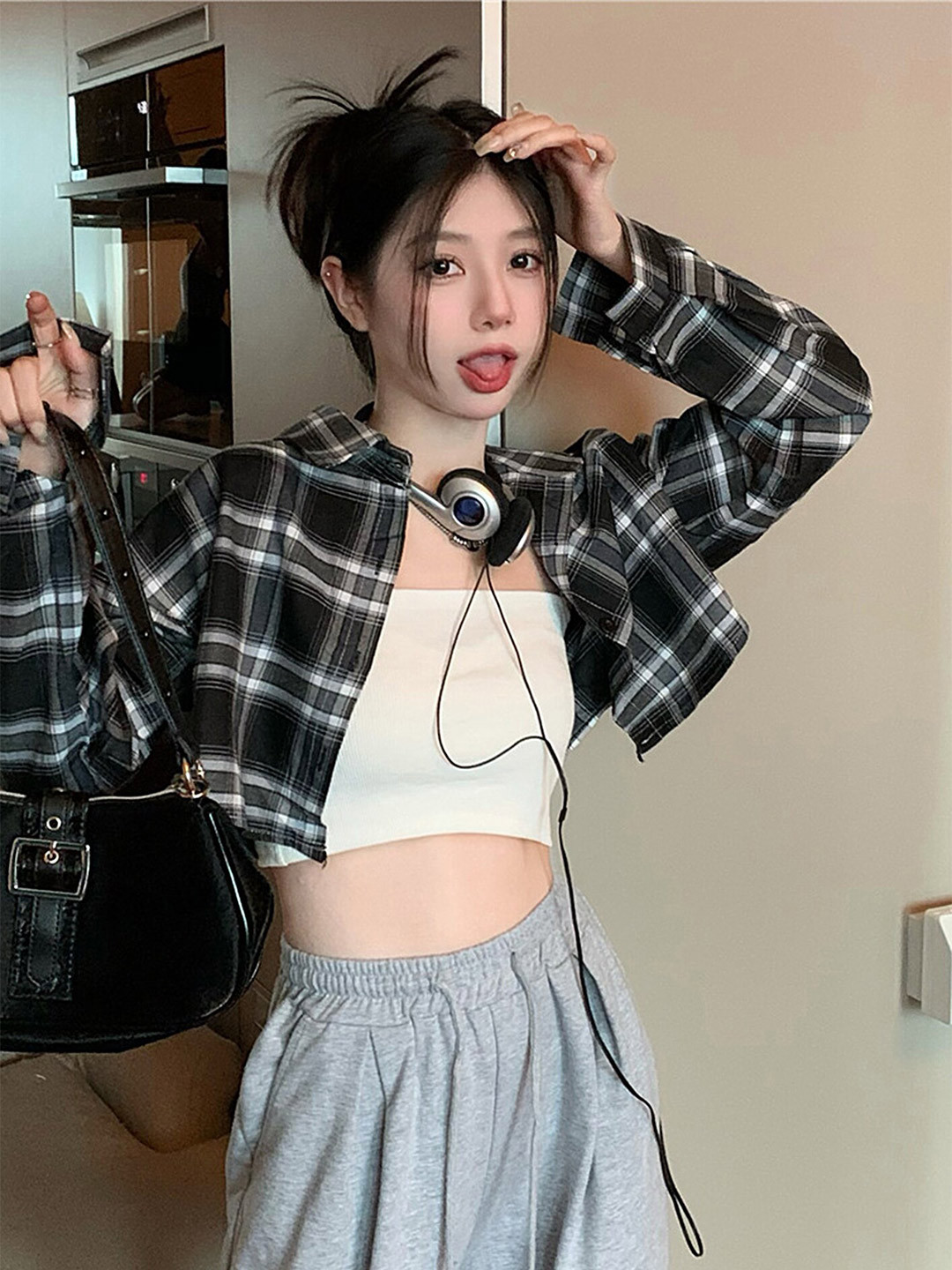 

LULU & SKY Checked Long Sleeves Shirt Style Crop Top, Black