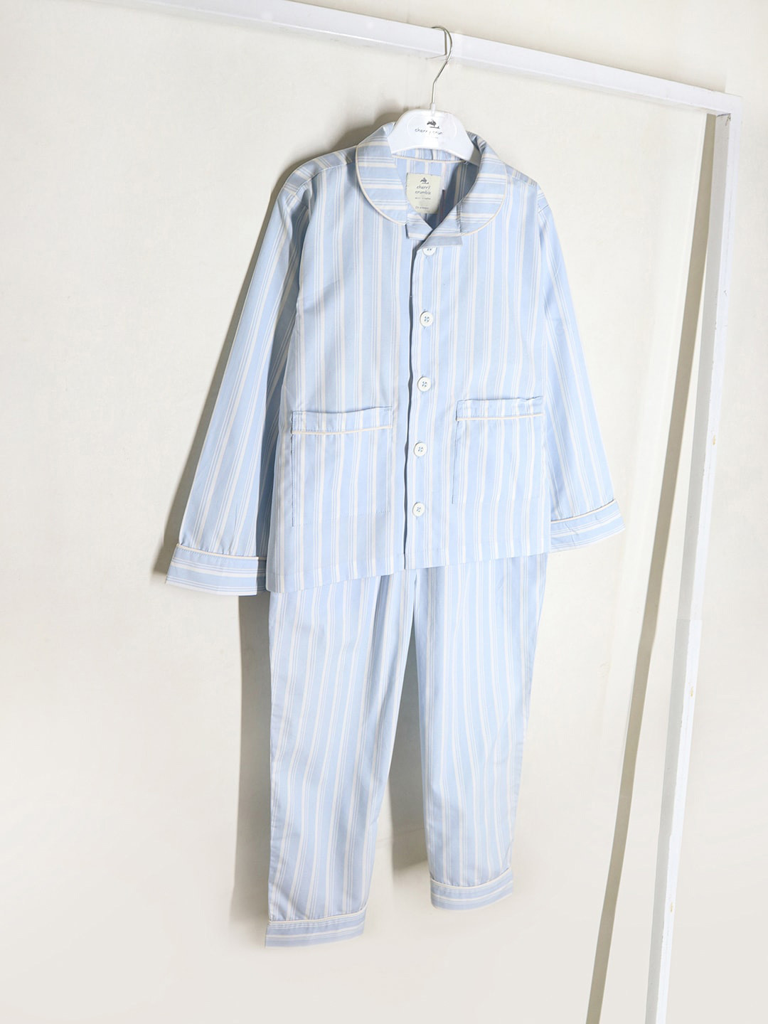 

Cherry Crumble Kids Striped Lapel Collar Night Suit, Blue