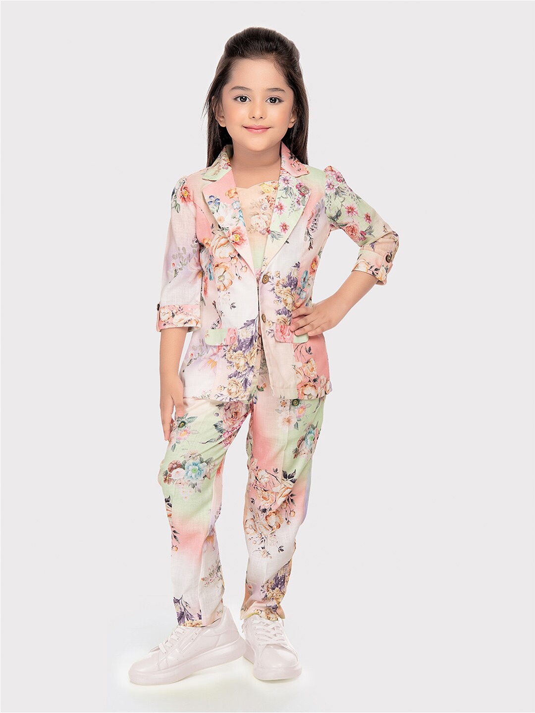 

Tiny Baby Girls Floral Printed Linen Top & Trouser With Jacket, Green