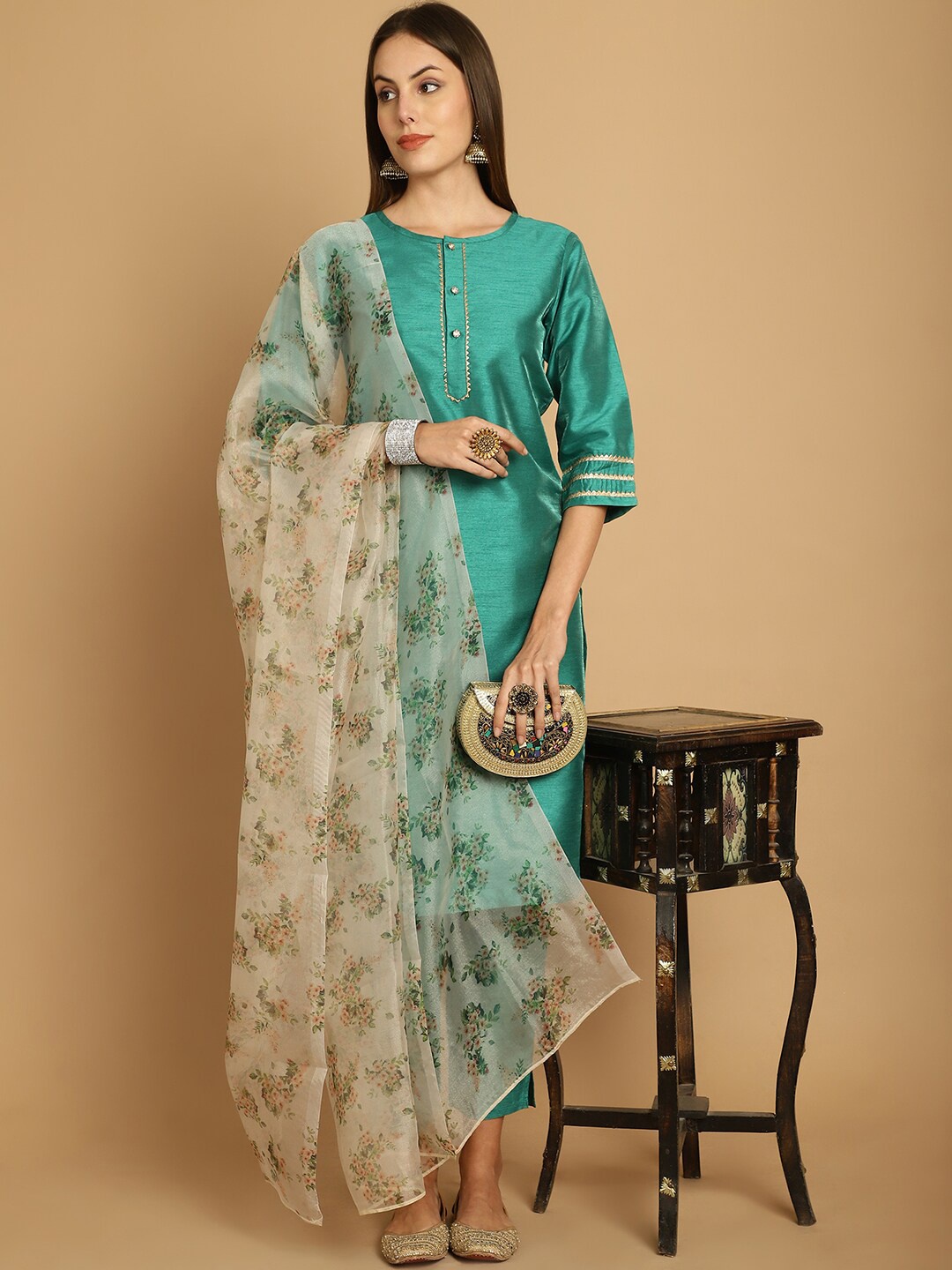 

Anouk Printed Regular Kurta With Trousers & Dupatta, Green