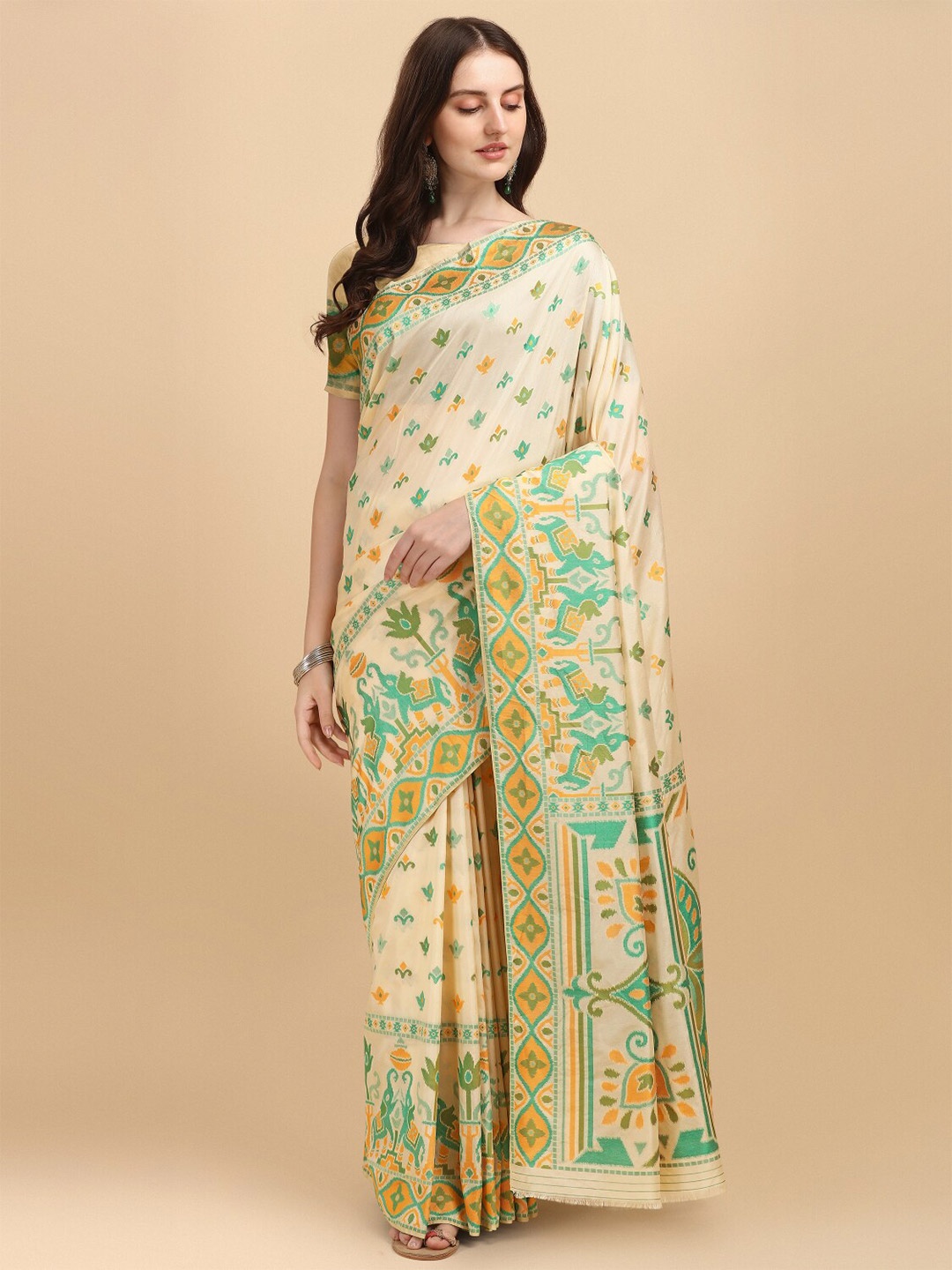 

NK Textiles Ethnic Motifs Tussar Saree, Cream