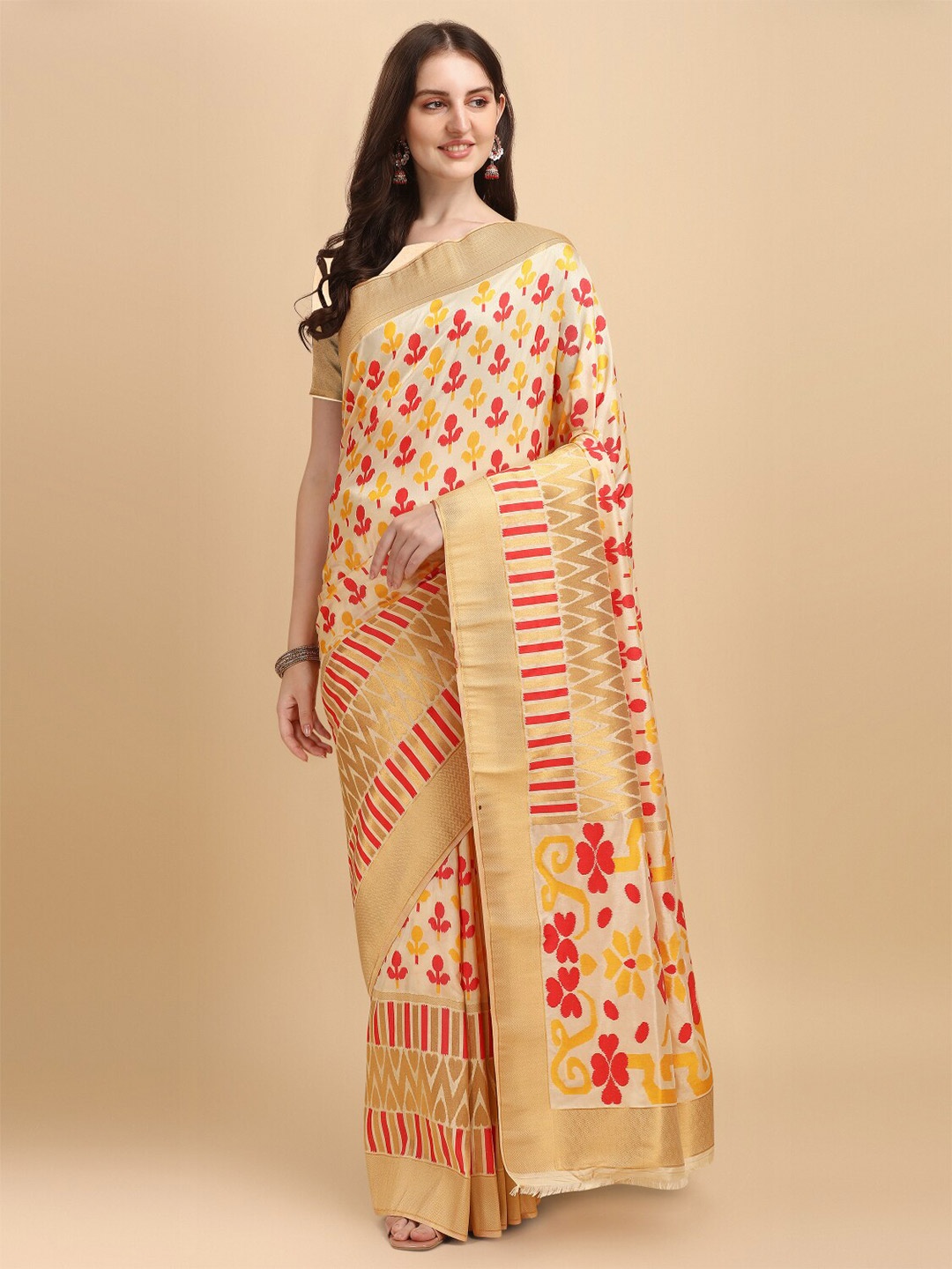 

NK Textiles Ethnic Motifs Tussar Saree, Cream