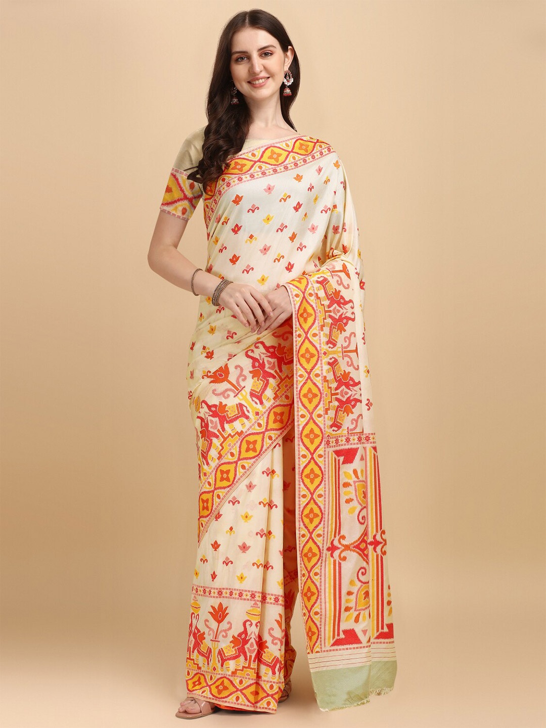 

NK Textiles Ethnic Motifs Tussar Saree, Cream