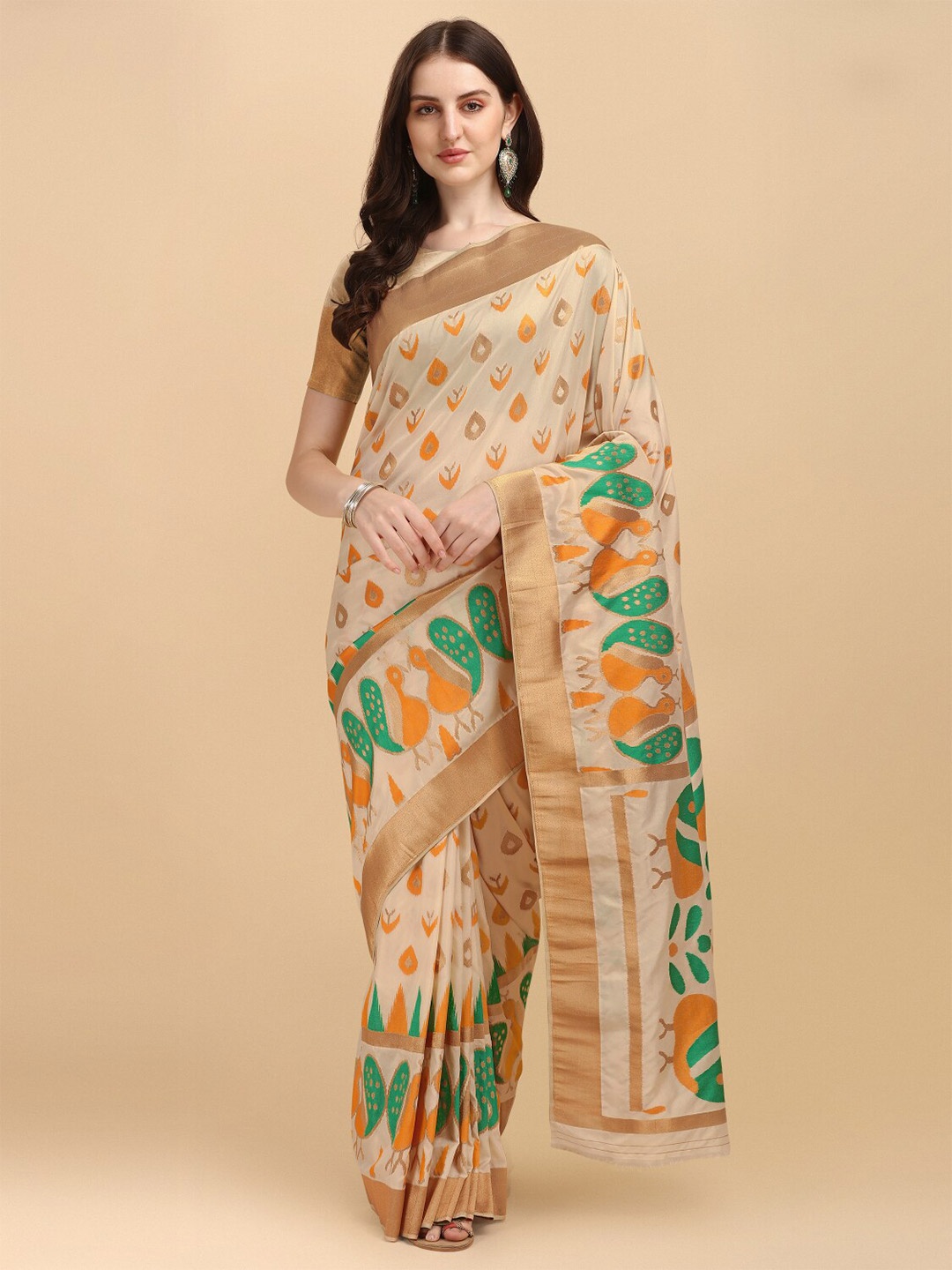 

NK Textiles Ethnic Motifs Tussar Saree, Cream