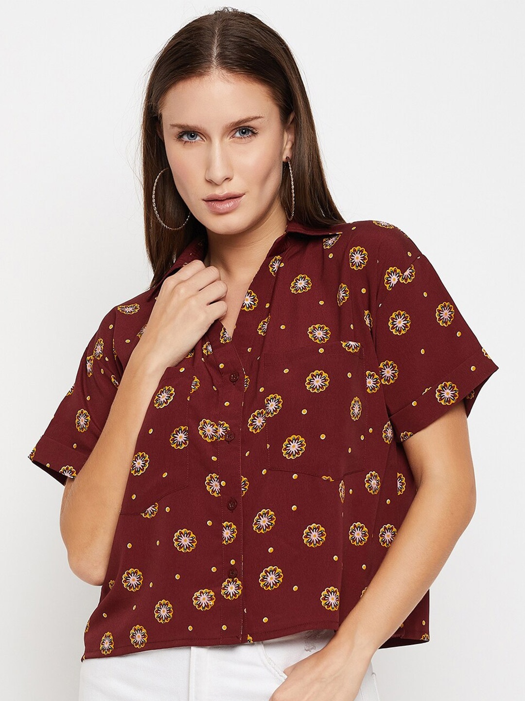 

Fashfun Floral Printed V-Neck Top, Maroon