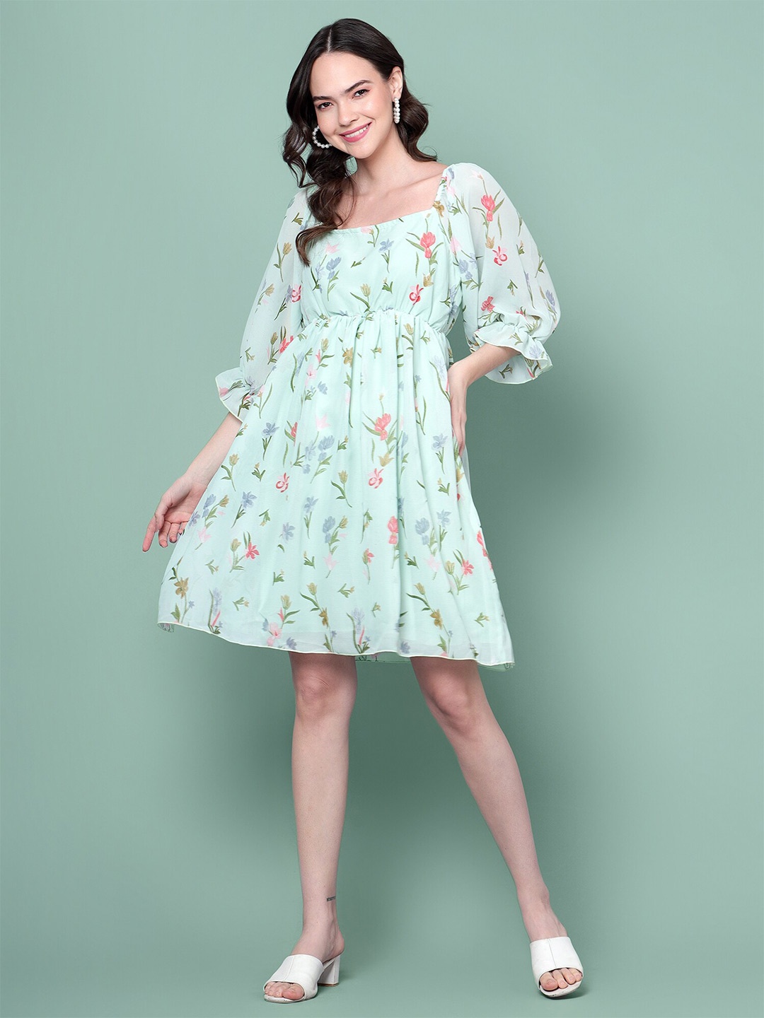 

DIAZ Floral Printed Bell Sleeves Gathered Georgette Fit & Flare Dress, Green