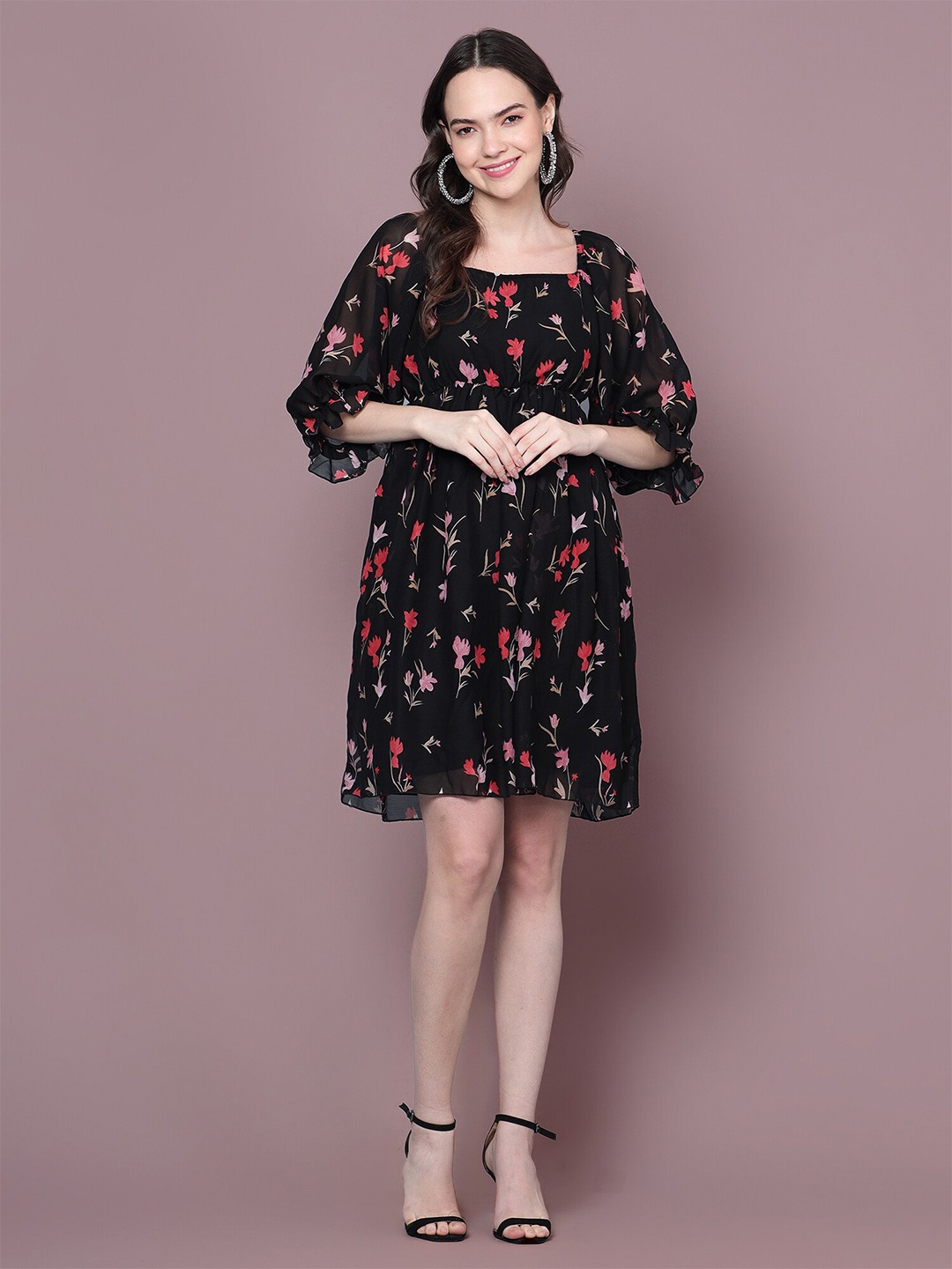 

DIAZ Floral Printed Puff Sleeves Gathered Georgette Fit & Flare Dress, Black