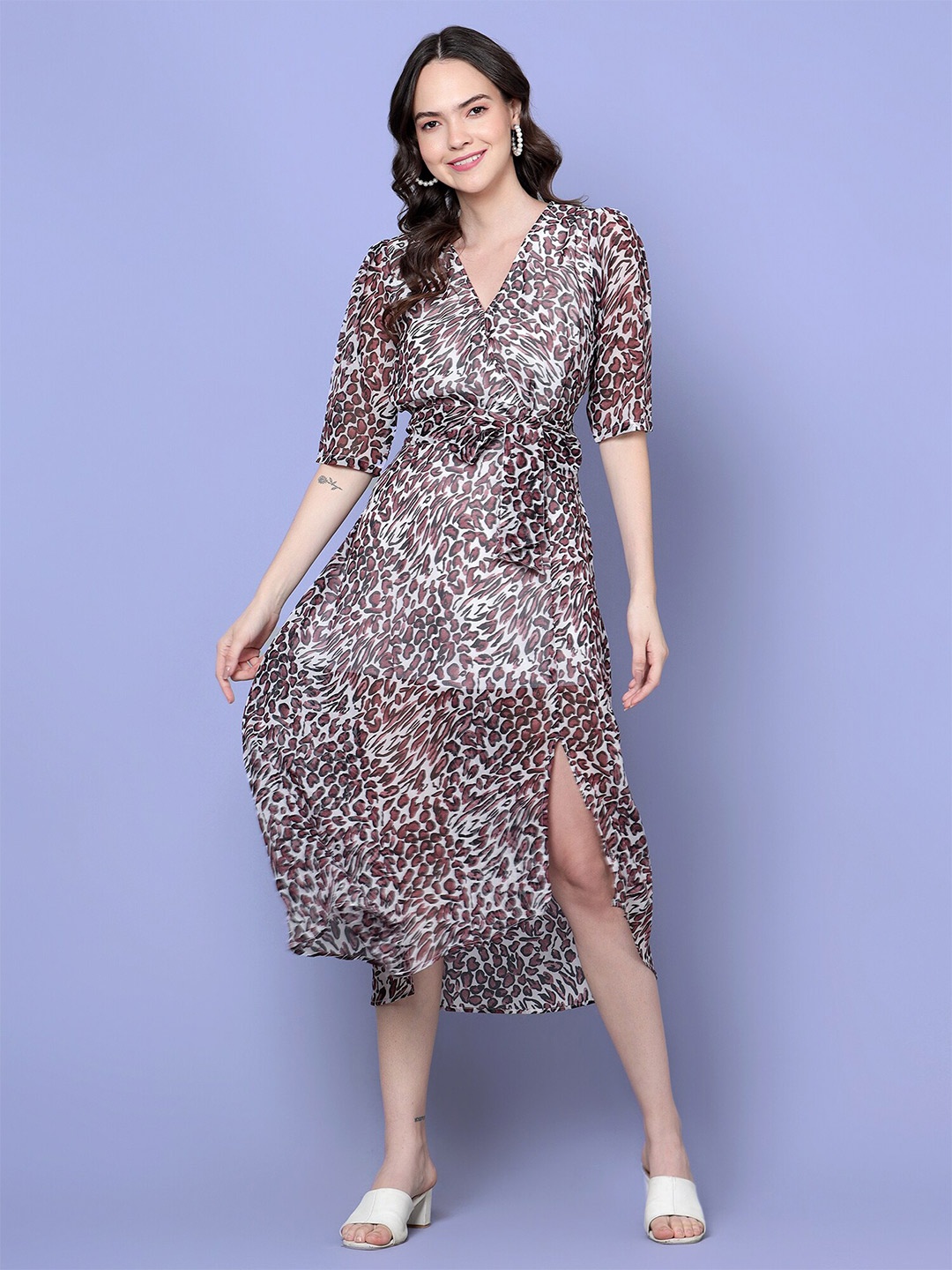 

DIAZ Animal Printed Georgette Fit & Flare Midi Dress, Brown