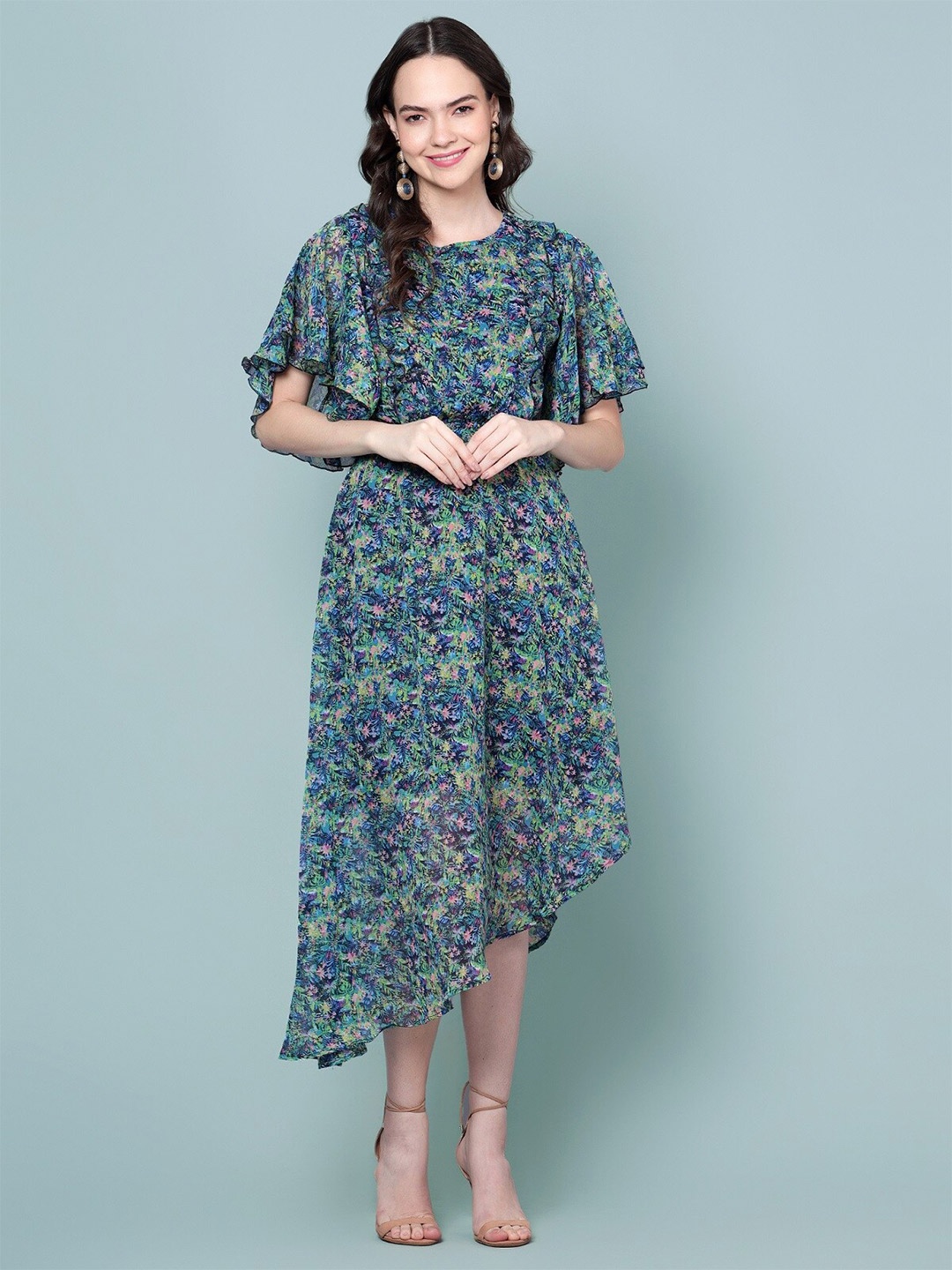

DIAZ Floral Printed Flared Sleeves Gathered Georgette Fit & Flare Dress, Green
