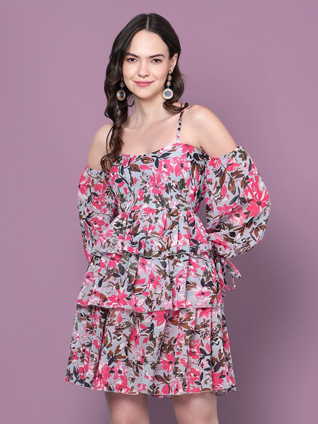 

DIAZ Floral Printed Cold-Shoulder Sleeves Layered Georgette Fit & Flare Dress, Pink