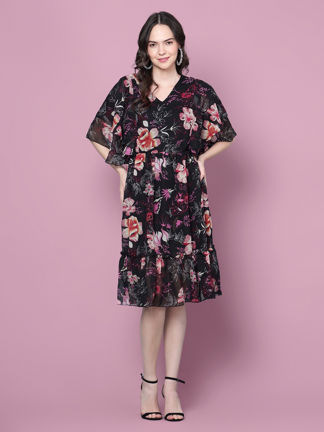 

DIAZ Floral Printed Flared Sleeves Gathered Georgette Fit & Flare Dress, Black