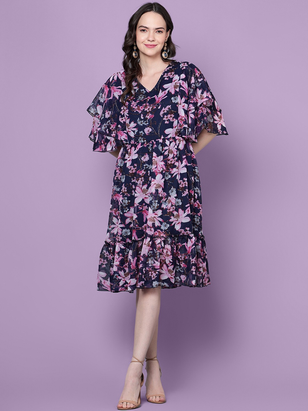 

DIAZ Floral Printed Flared Sleeves Gathered Georgette Fit & Flare Dress, Navy blue