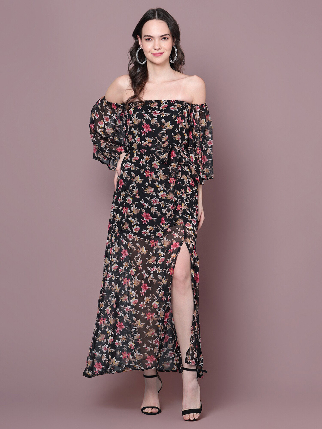 

DIAZ Floral Printed Off-Shoulder Georgette Maxi Dress With Belt, Black