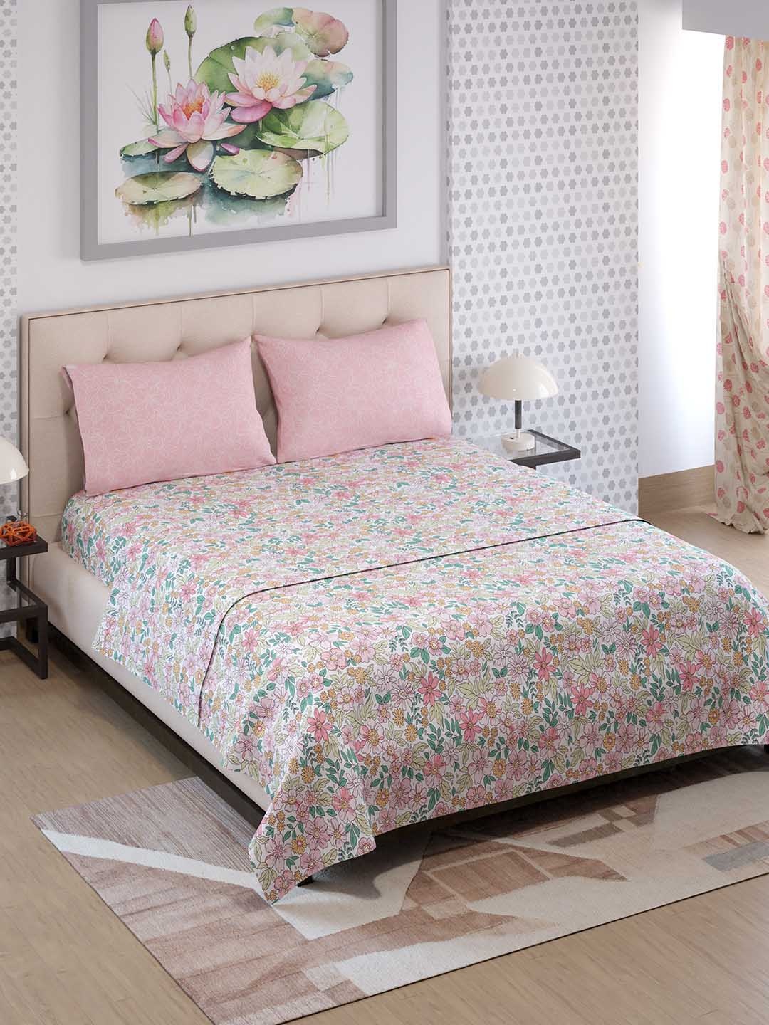 

Color Sense Ivy Pink Floral Queen Double Bedsheet with 2 Pillow Covers