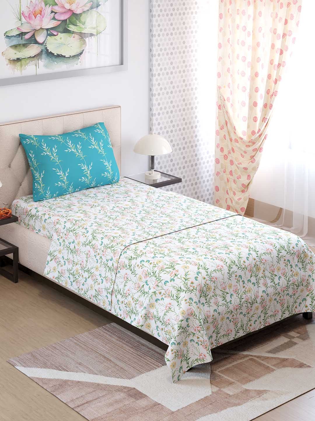 

Color Sense Ivy Blue Floral Printed Single Bedsheet with 1 Pillow Cover, Teal