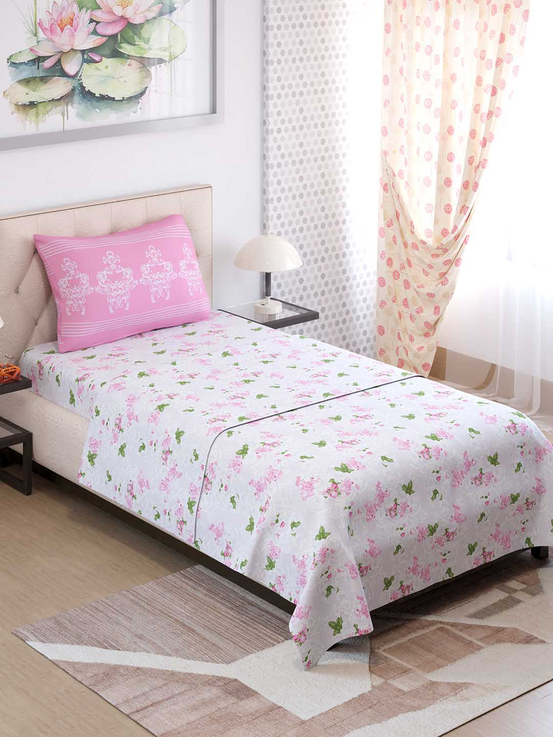 

Layers Ivy Pink Floral Single Bedsheet with 1 Pillow Cover