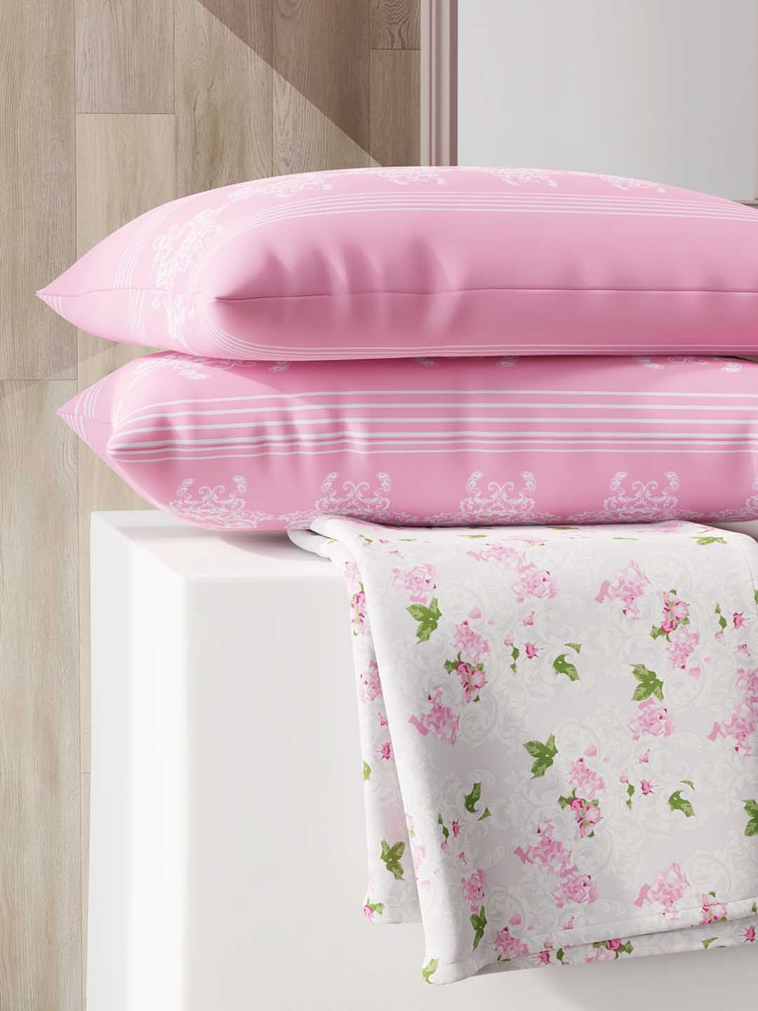 

Color Sense Ivy Pink Floral Queen Double Bedsheet with 2 Pillow Covers, White