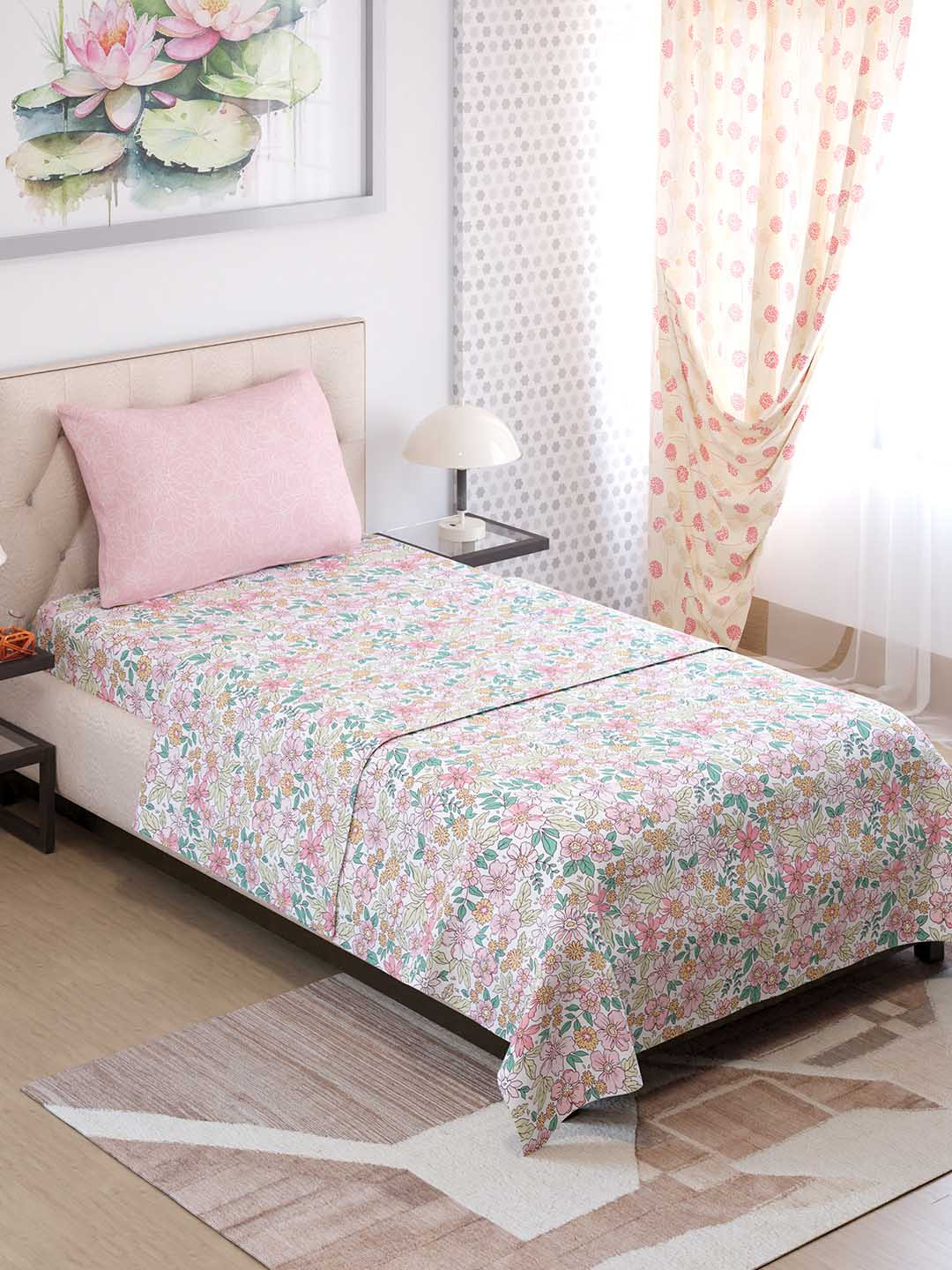 

Color Sense Ivy Pink Floral Printed Single Bedsheet with 1 Pillow Cover