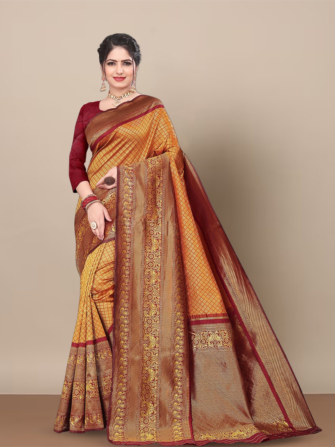 

KALINI Ethnic Motifs Woven Design Silk Blend Kanjeevaram Saree, Orange