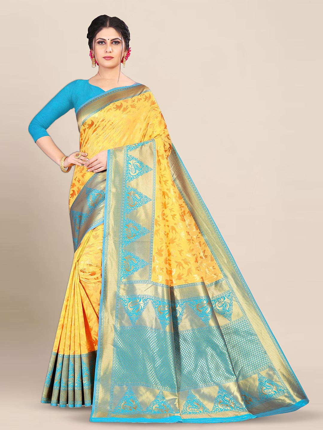 

KALINI Ethnic Motifs Woven Design Zari Designer Kanjeevaram Saree, Yellow