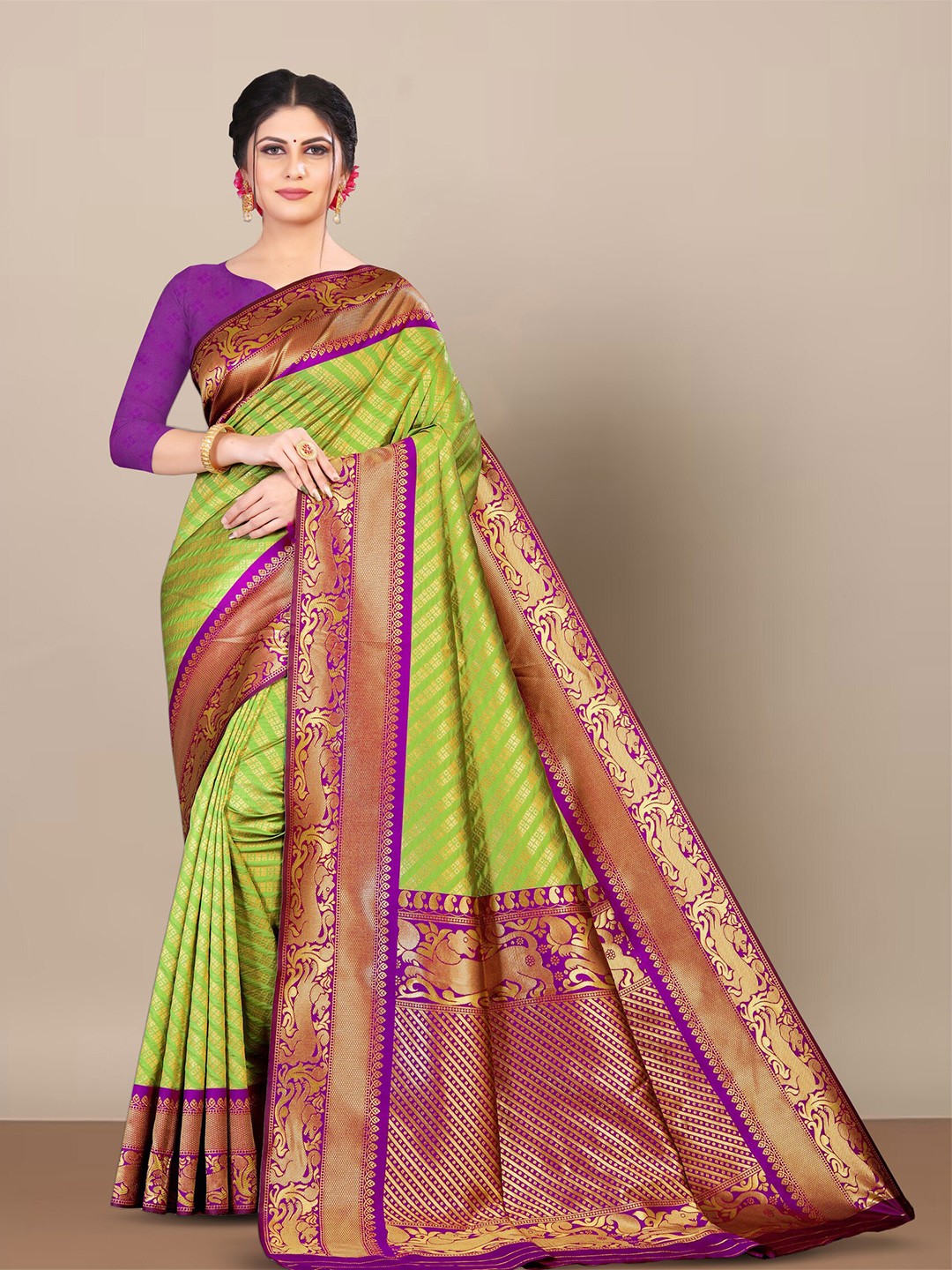 

KALINI Striped Woven Design Zari Designer Kanjeevaram Saree, Green