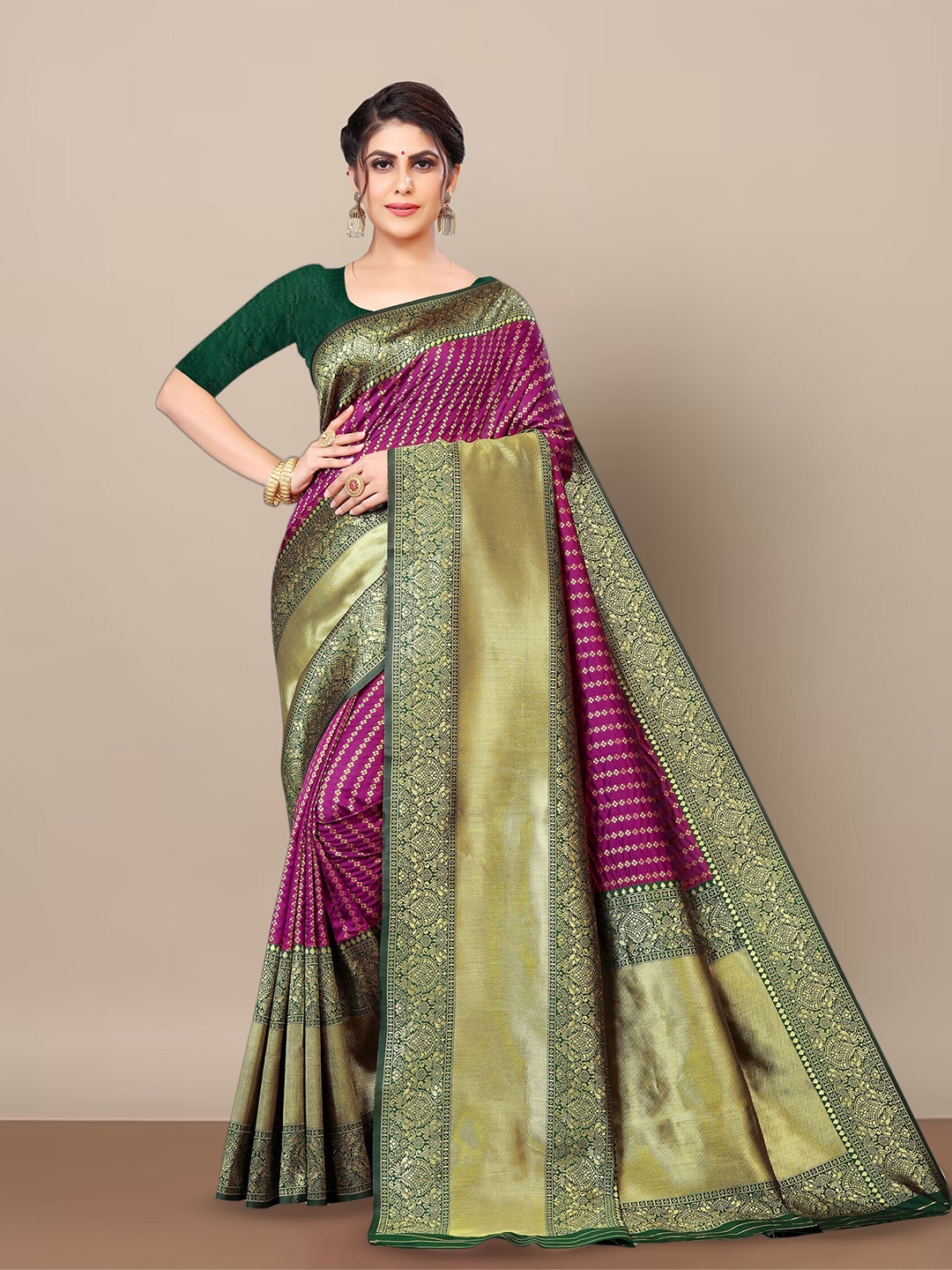 

KALINI Ethnic Woven Design Silk Blend Designer Kanjeevaram Saree, Purple