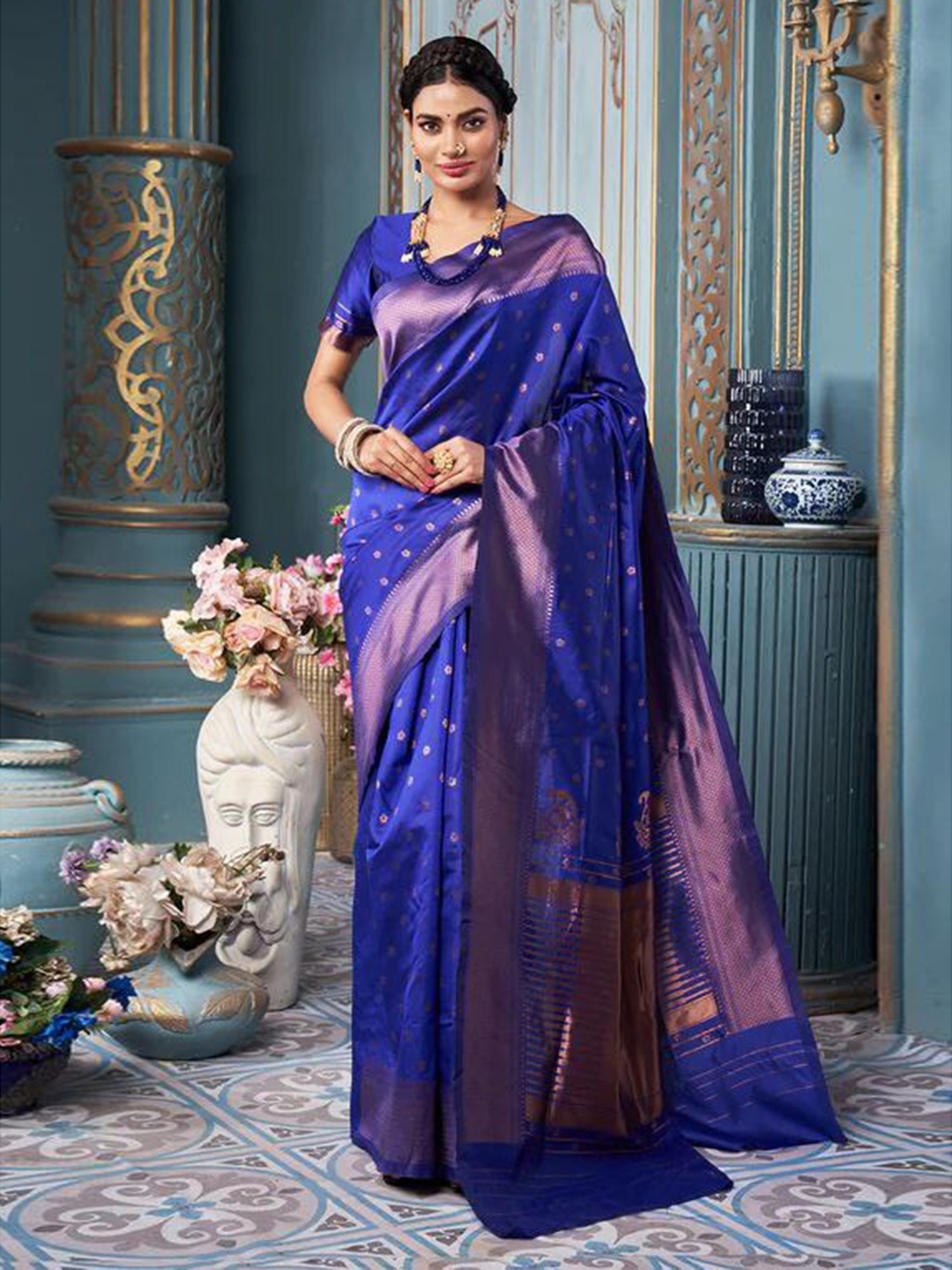 

KALINI Ethnic Woven Design Silk Blend Designer Kanjeevaram Saree, Blue