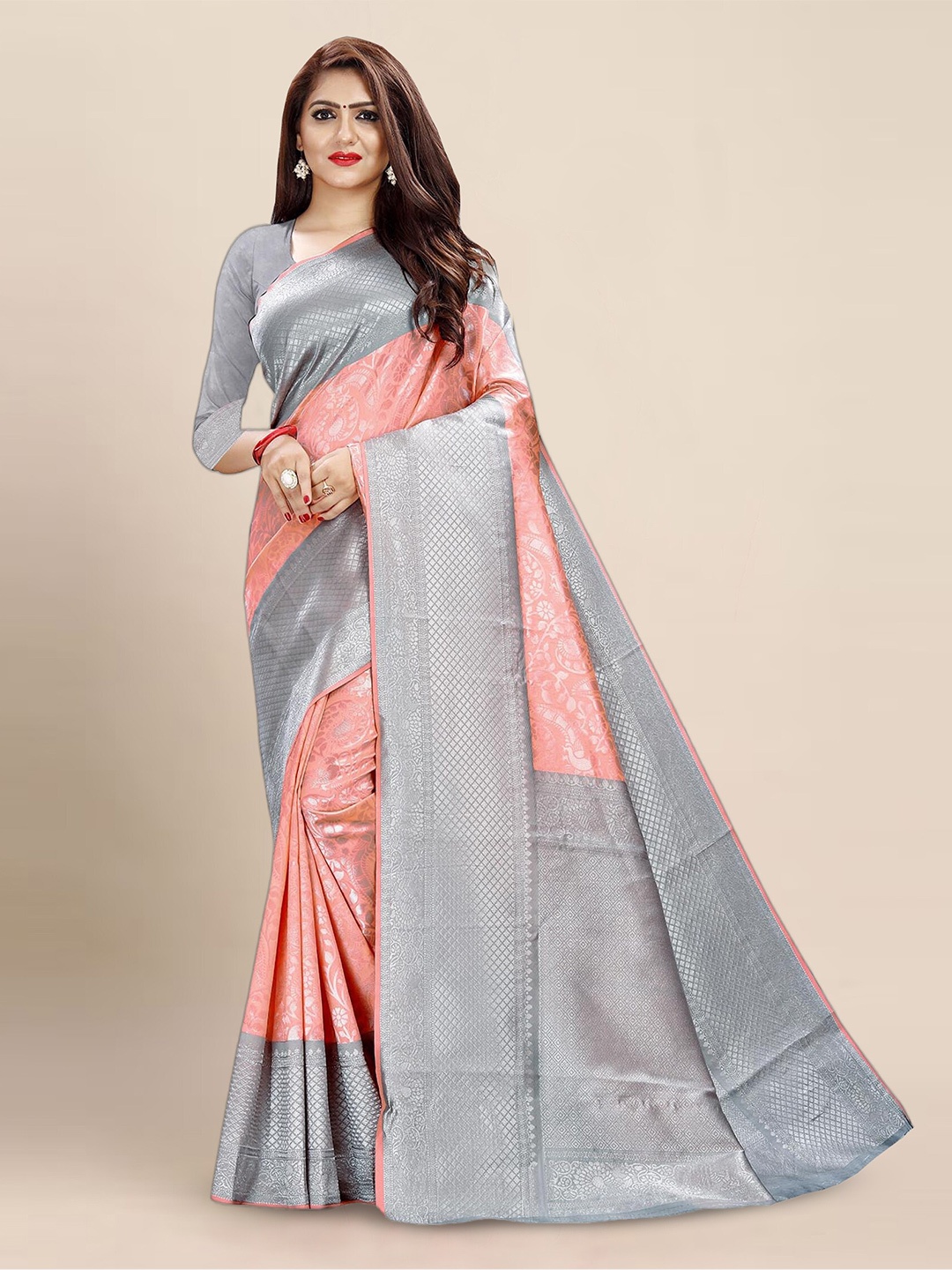 

KALINI Floral Woven Design Zari Designer Kanjeevaram Saree, Peach