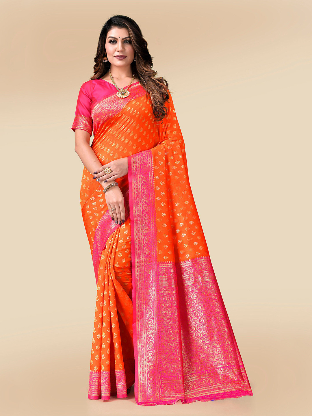 

KALINI Ethnic Woven Design Silk Blend Designer Kanjeevaram Saree, Orange