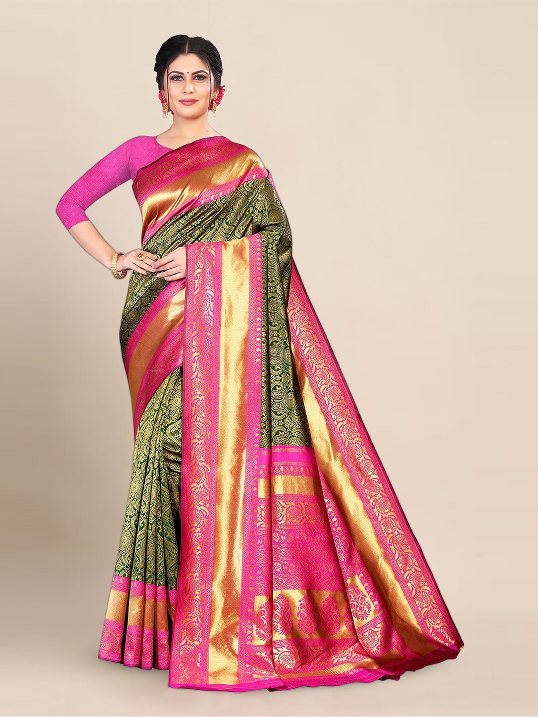 

KALINI Ethnic Motifs Woven Design Silk Blend Kanjeevaram Saree, Green