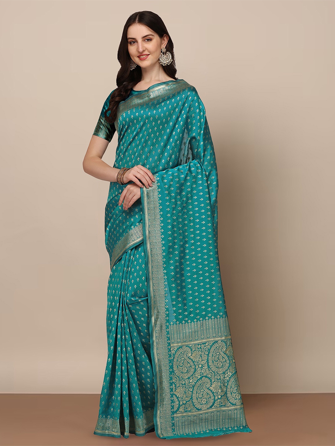 

KALINI Ethnic Woven Design Silk Blend Designer Kanjeevaram Saree, Green