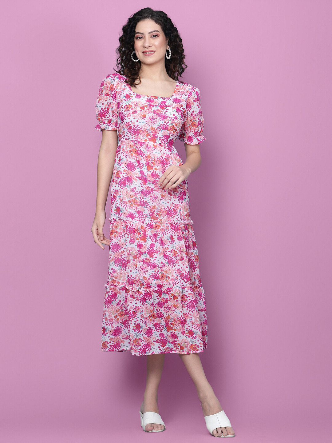 

DIAZ Floral Printed Puff Sleeves Tiered Georgette Fit & Flare Midi Dress, Pink