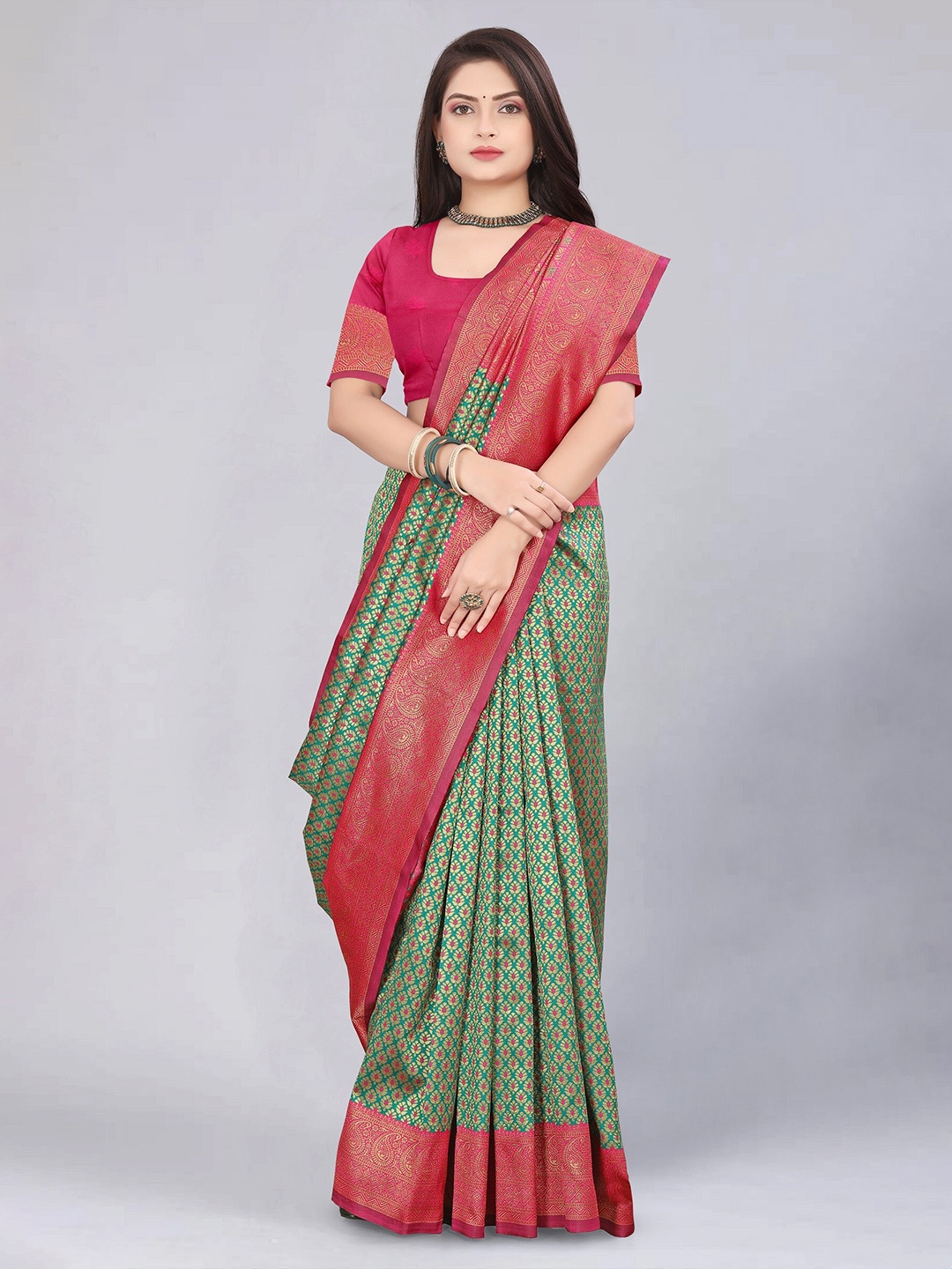 

MUKHITA Woven Design Silk Blend Designer Kanjeevaram Saree, Teal