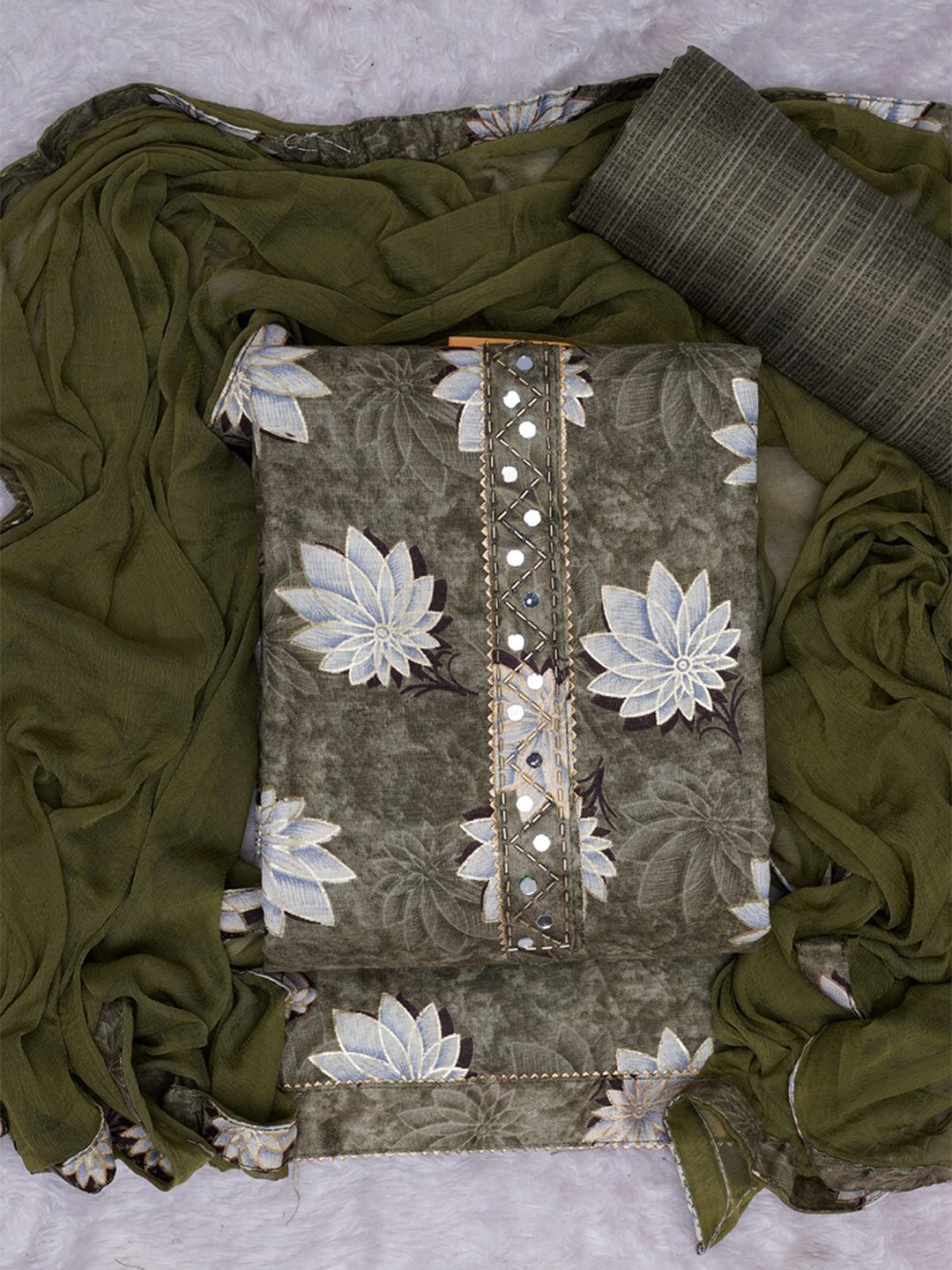 

ASISA Floral Printed Gotta Patti Pure Cotton Unstitched Dress Material, Olive