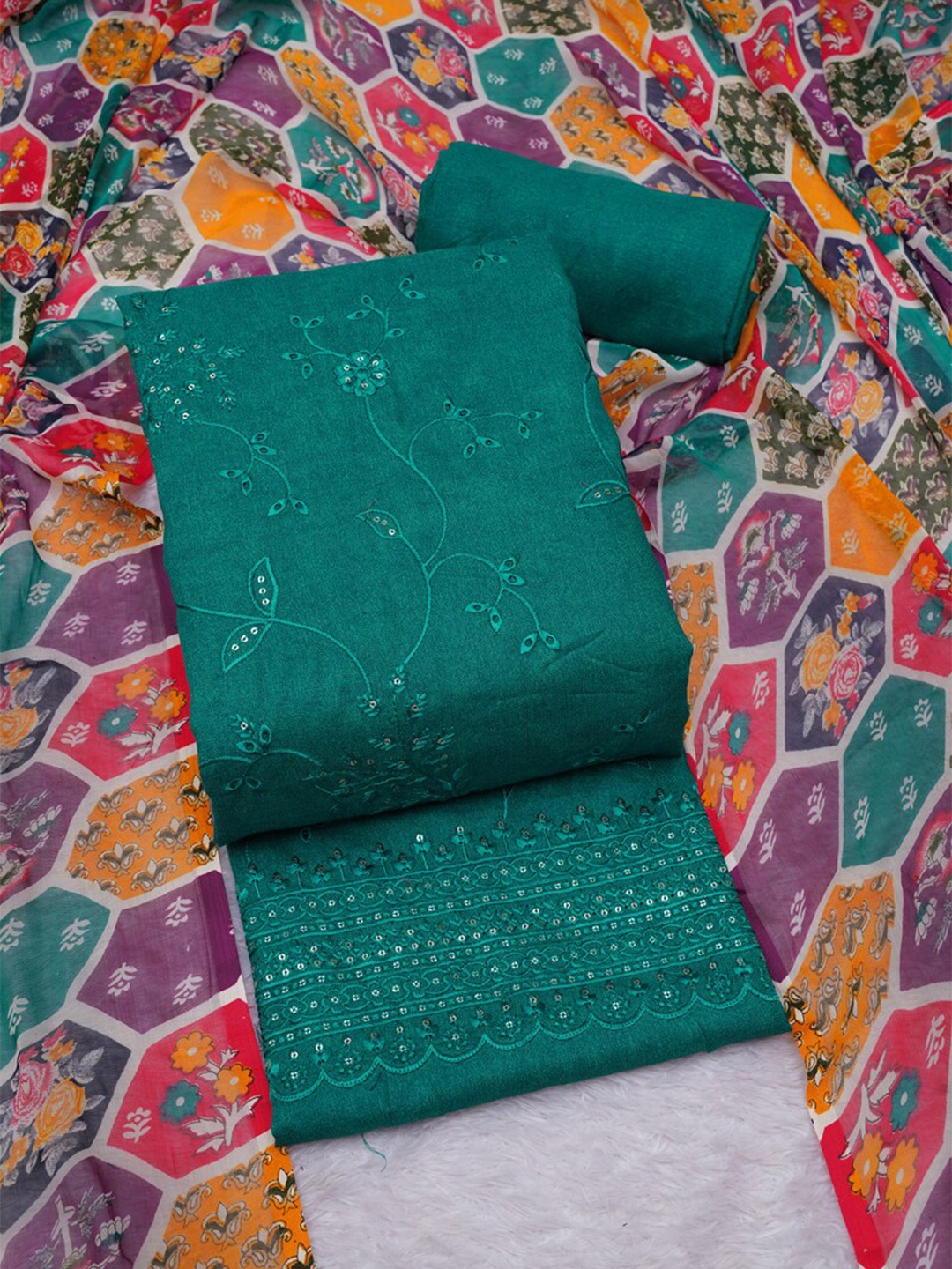 

ASISA Embroidered Pure Cotton Unstitched Dress Material, Turquoise blue