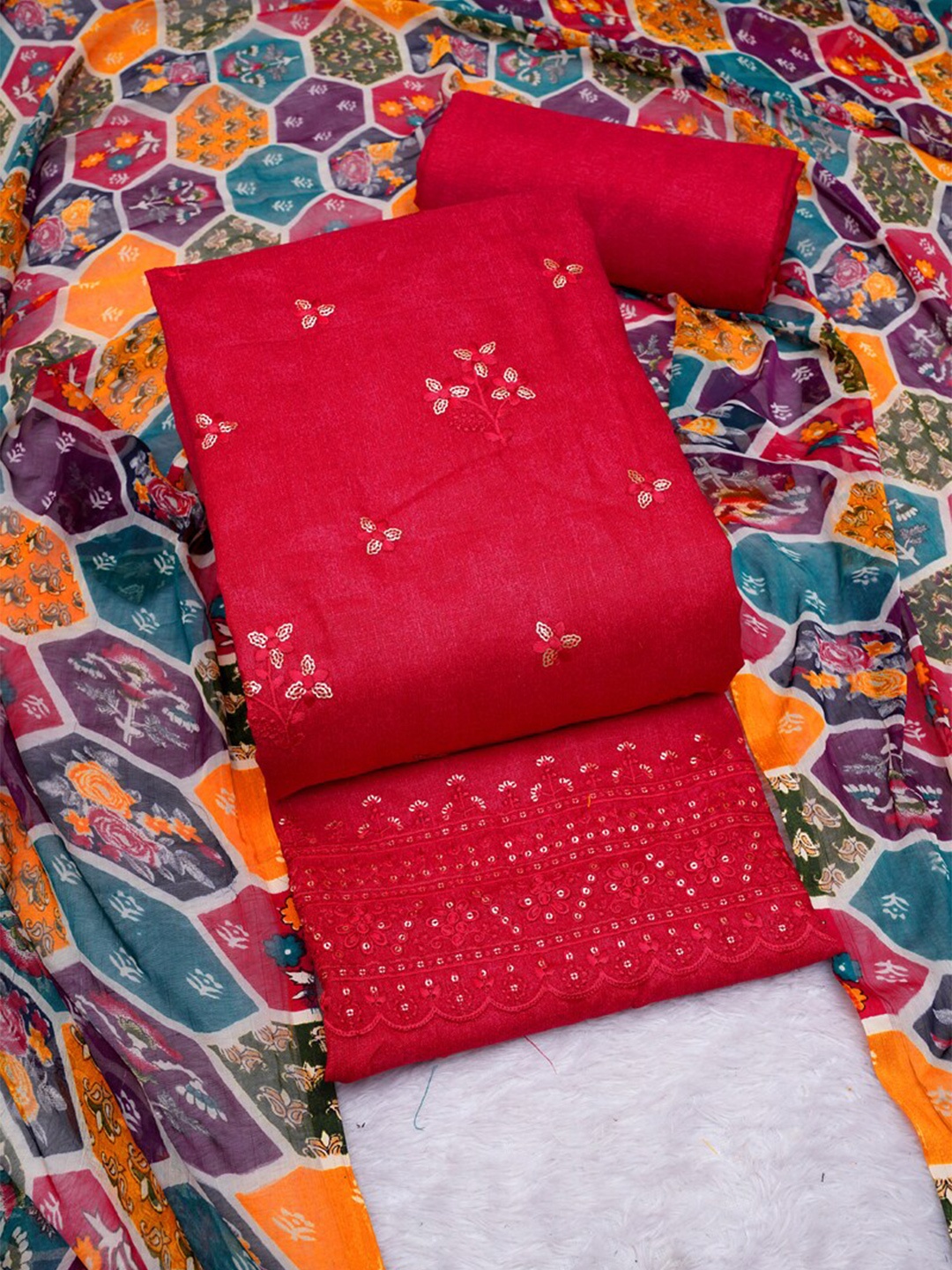 

ASISA Embroidered Pure Cotton Unstitched Dress Material, Red