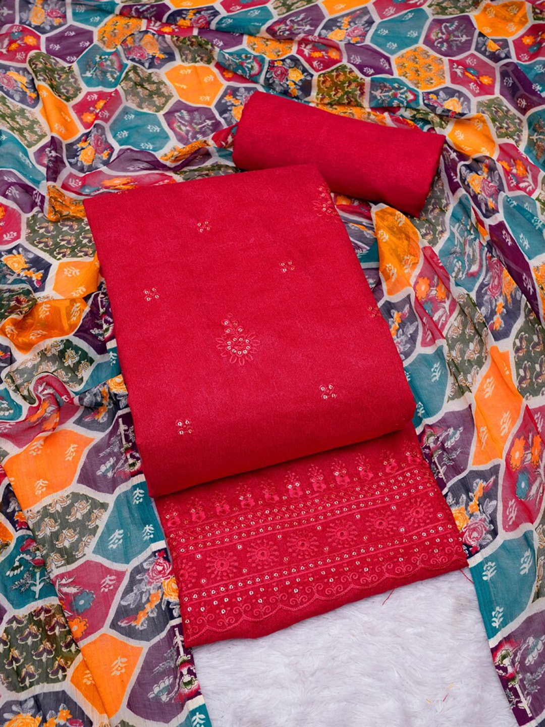 

ASISA Embroidered Pure Cotton Unstitched Dress Material, Red