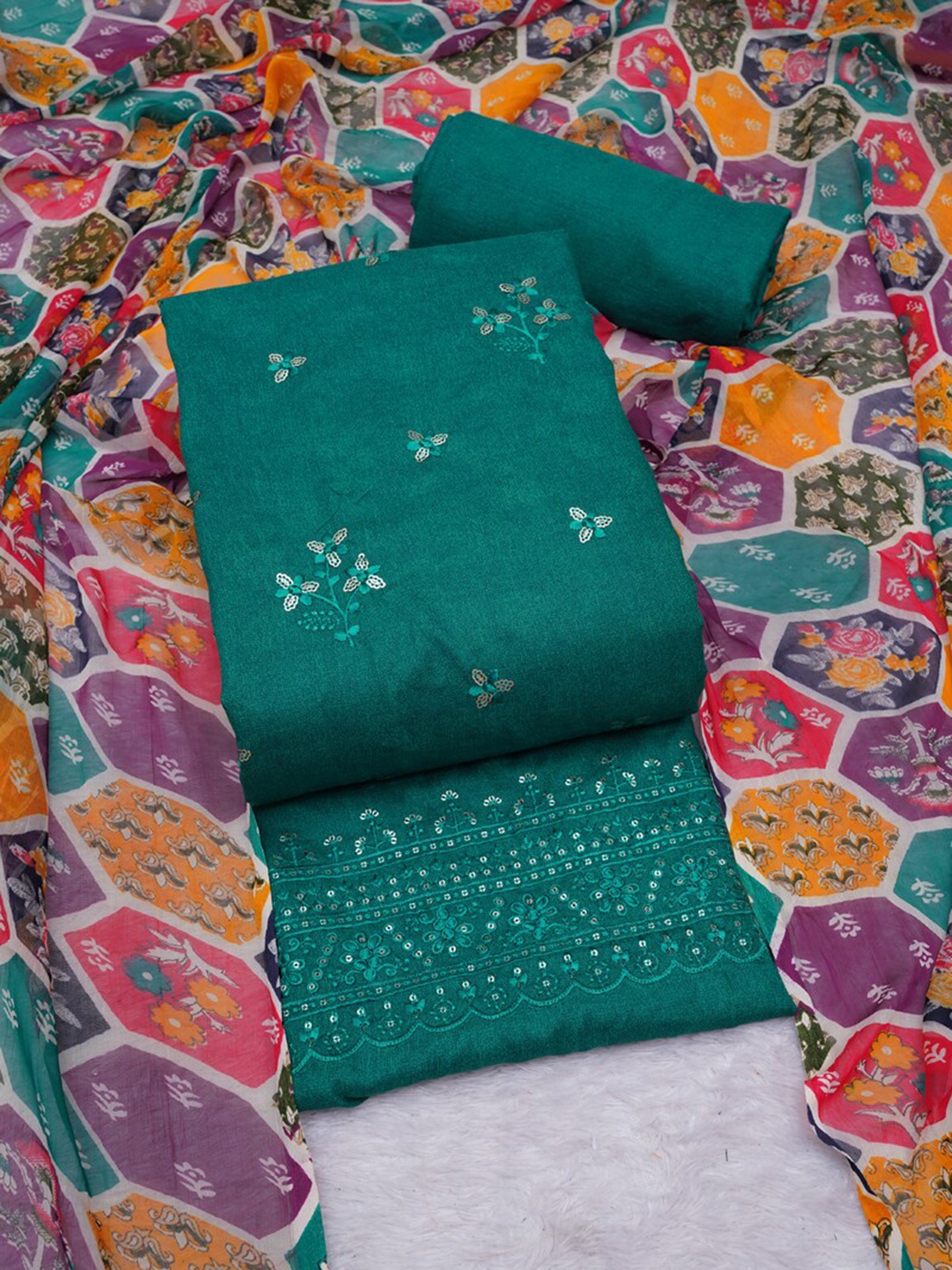

ASISA Embroidered Pure Cotton Unstitched Dress Material, Turquoise blue