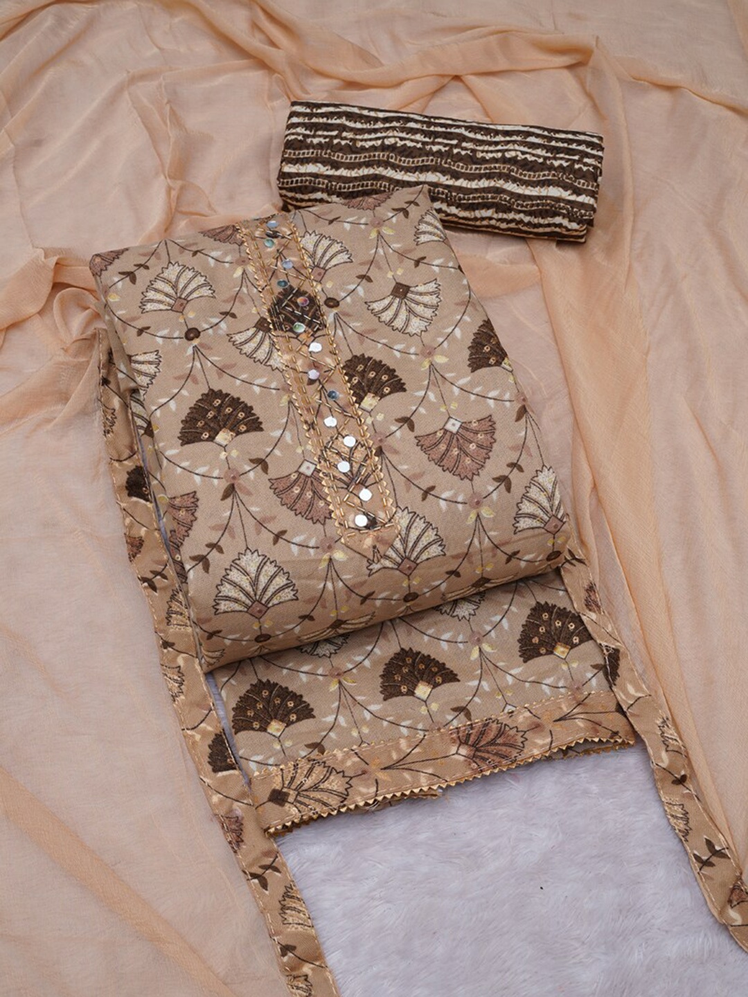 

ASISA Printed Sequined Pure Cotton Unstitched Dress Material, Beige